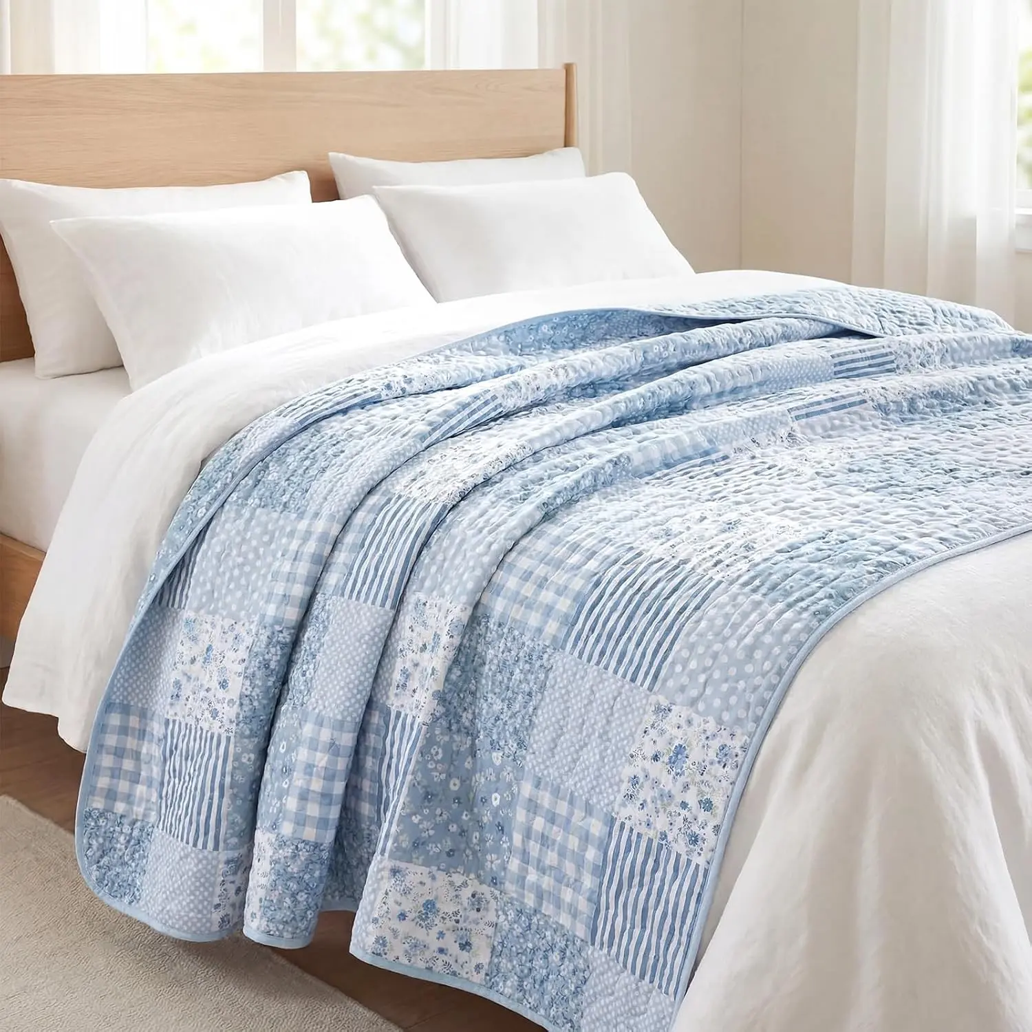 Blue Floral Quilt 50" x 60" Blue Patchwork Quilts Throw Blanket Reversible Lightweight Shabby Farmhouse Lap Quilt for Couch Sofa Bed Decor