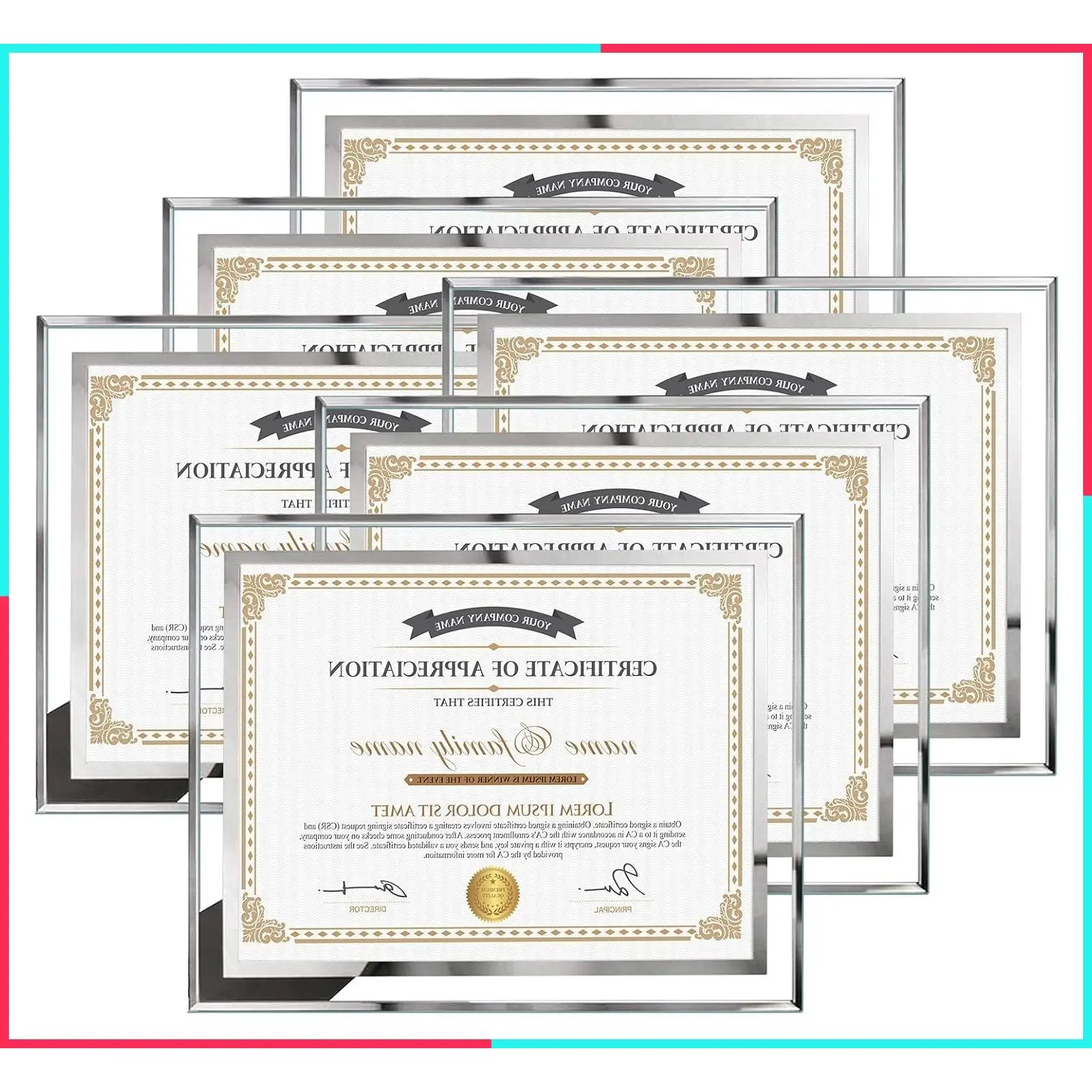 6 Pack 8.5 x 11 Glass Certificate Frames, 8.5x11 Document Frames