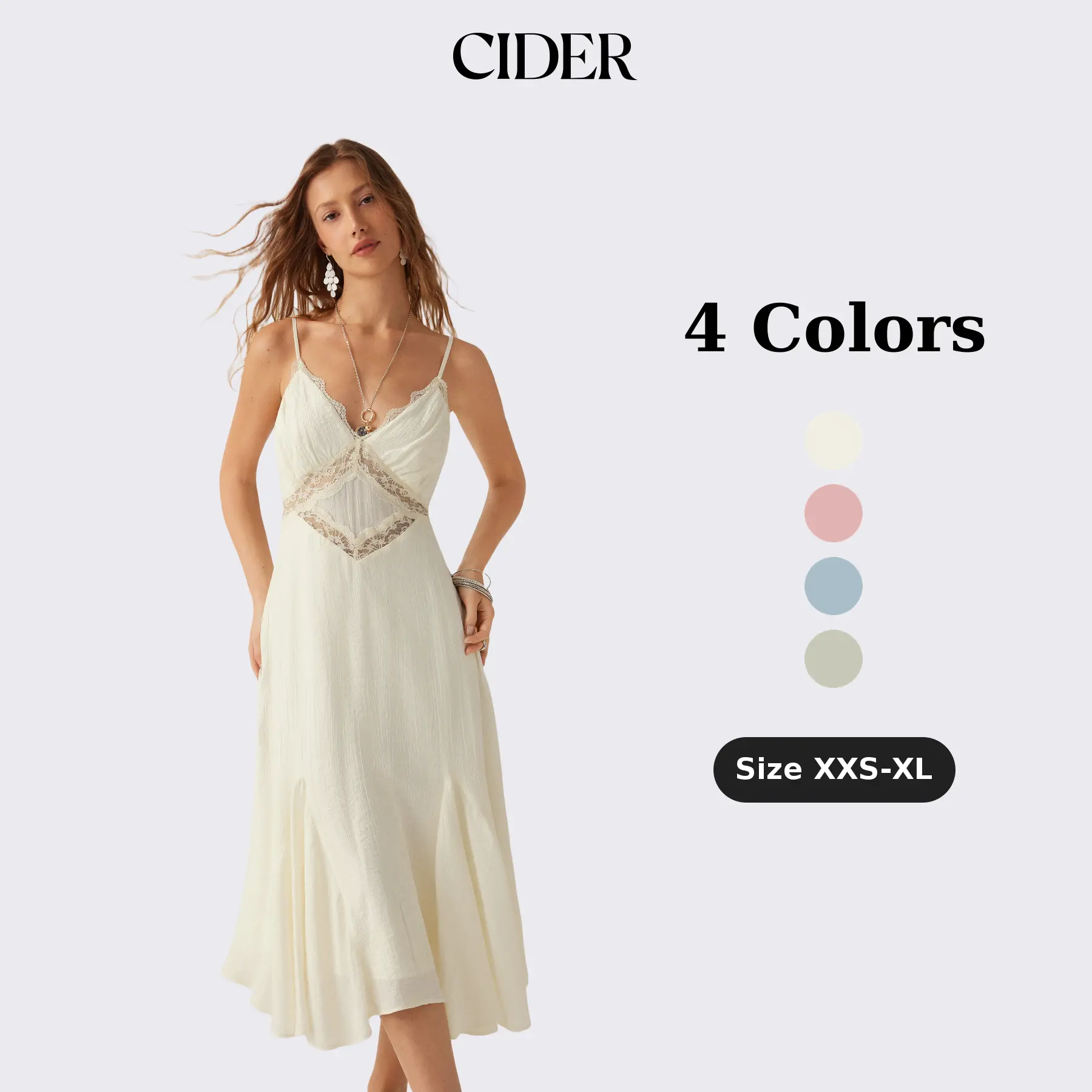 Cider Boho Summer Lace Panel Midi Dress for Beach Vacation, Elegant A-Line Cami Dresses, Ladies Casual Sundress, Spring Birthday Outfits, Lady Gown