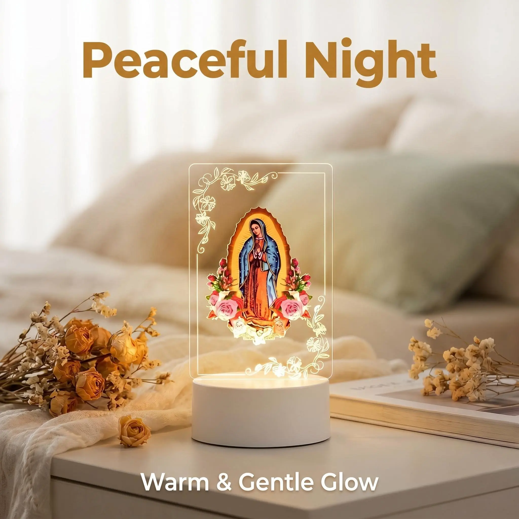 Sacred Our Lady of Guadalupe Prayer Lamp, 7-Color LED Night Light, Acrylic USB-Powered Religious Decorations Table Lamp for Bedroom & Home Decor Gift, Religious-Themed Religious Decorations