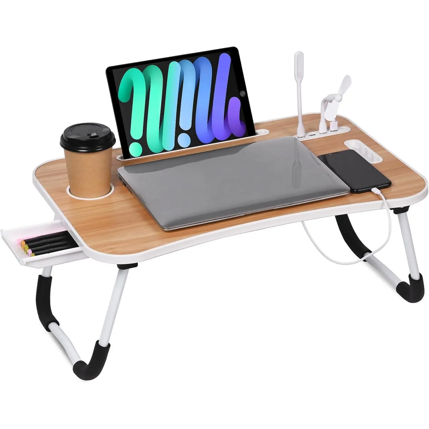 Wood Finish Portable Bed Desk (23.6 in) - Folding Lap Desk with 4 USB Ports, Wind Fan, LED Light, Cup Holder, Side Drawer for Working, Reading on Bed, Sofa, Floor