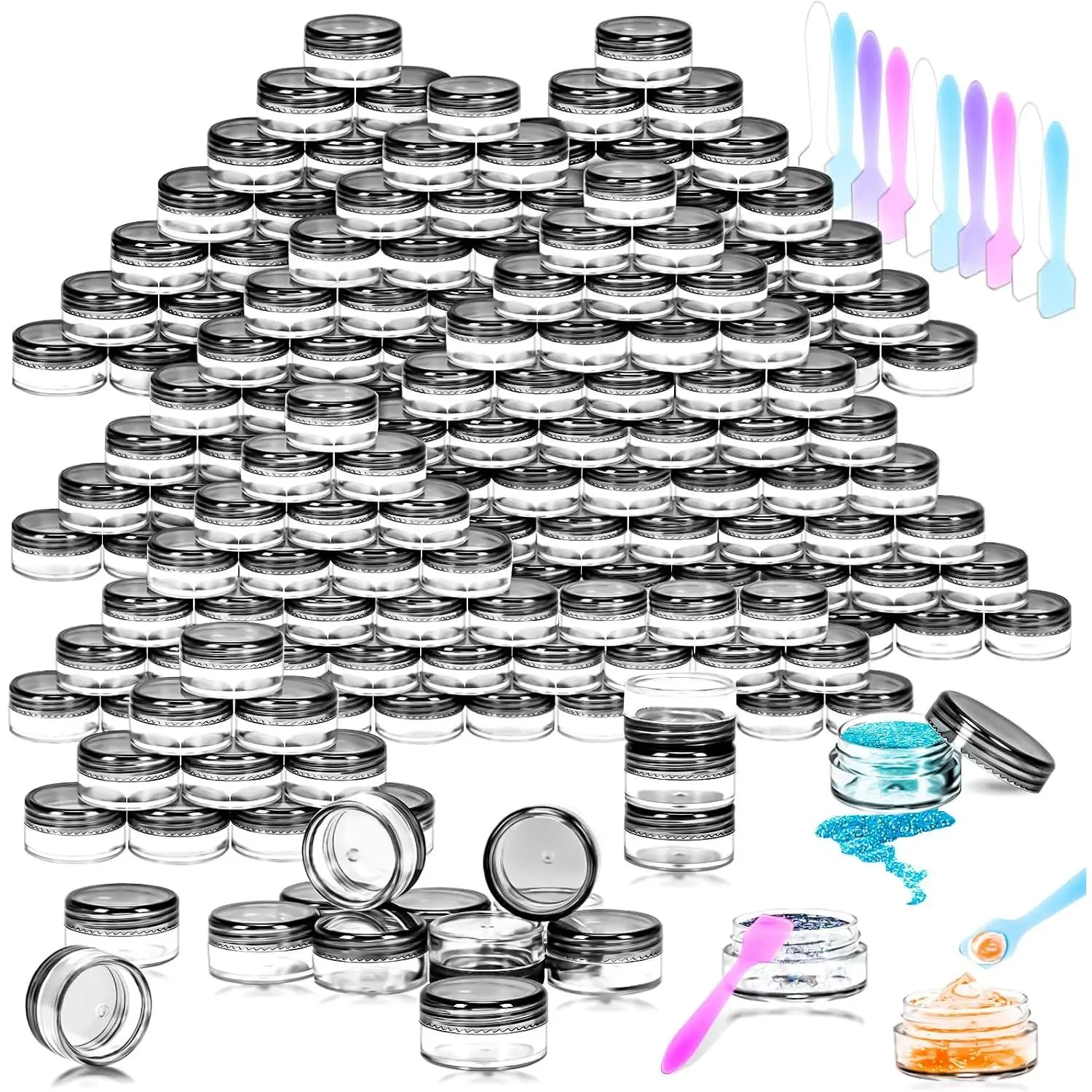 100 count 5g Empty Plastic Containers with Black ,Mini Makeup Sample Containers, Small Sample Pot Jars Round  Jars with Mini Spatulas for Liquid Sample