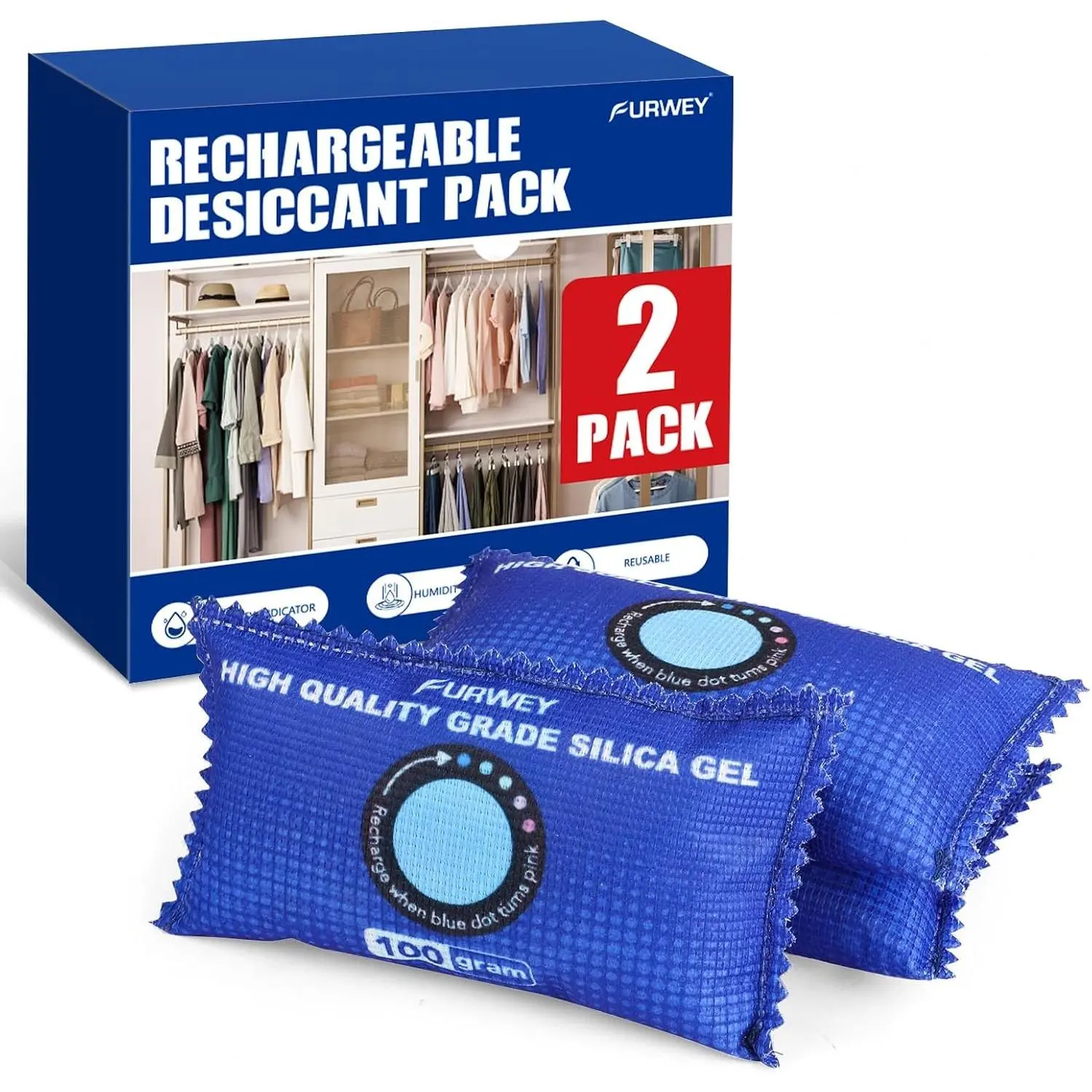 2 Pack Rechargeable Desiccant Packs, 100g Each, Blue, Color Indicating Silica Gel Dehumidifier Bags for Storage, Closets, Cars, BinsGift