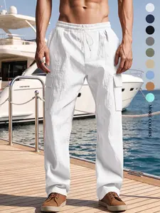 Men's Summer Everyday Wear Beach Vacation Seaside Straight Leg Linen Pants with Pockets and Drawstring Fit Suitable for Home, Outdoor, Urban, Regular, Trendy, Street Style, Casual, Youthful, Minimalist, Campus, Retro, Versatile, High-Quality, Stylish, Ind