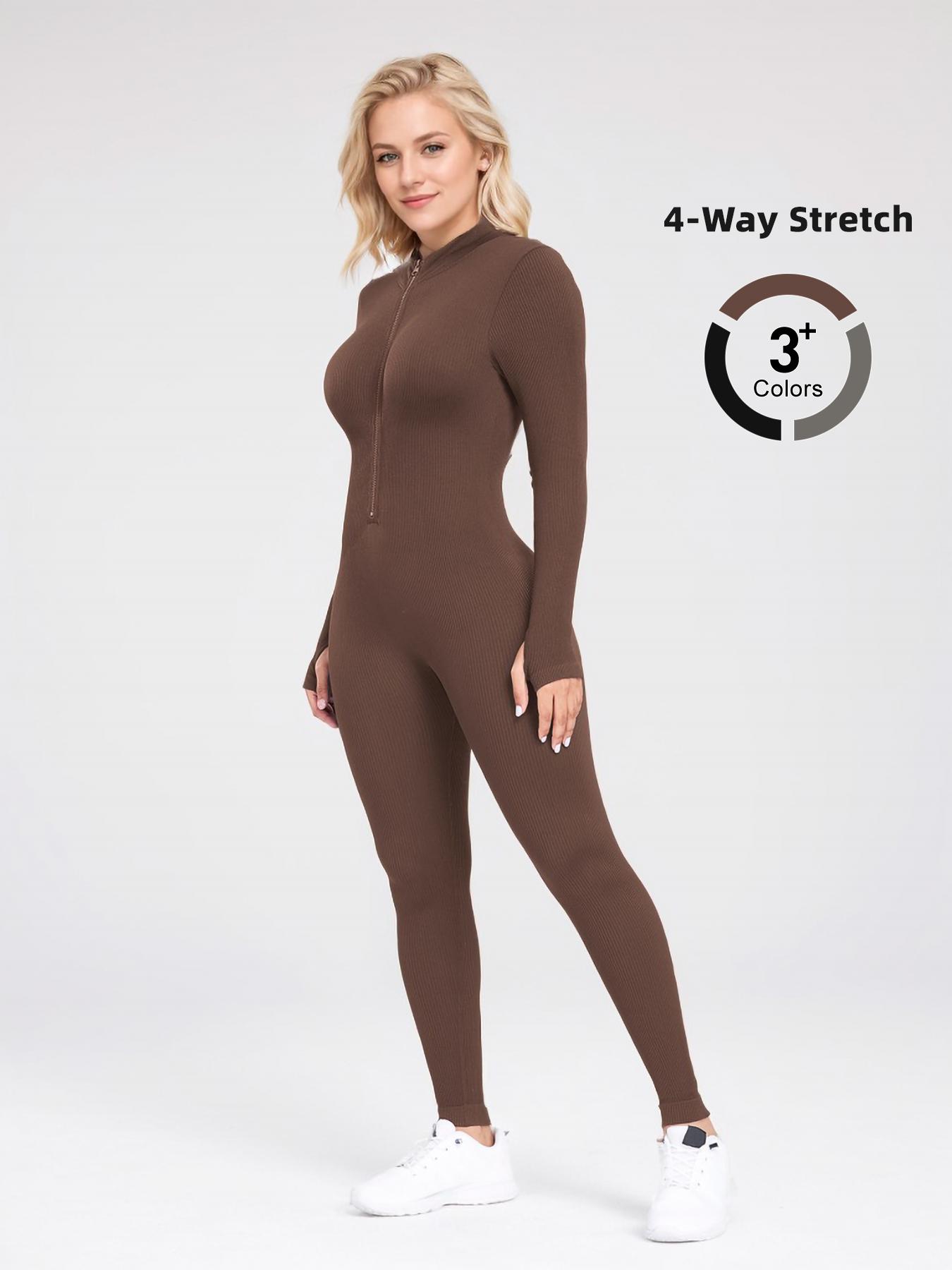 Women's Solid Zip Up Thumb Hole Sports Jumpsuit, Casual Comfy Long Sleeve Jumpsuit for Yoga Gym Workout, Ladies Sportswear for All Seasons