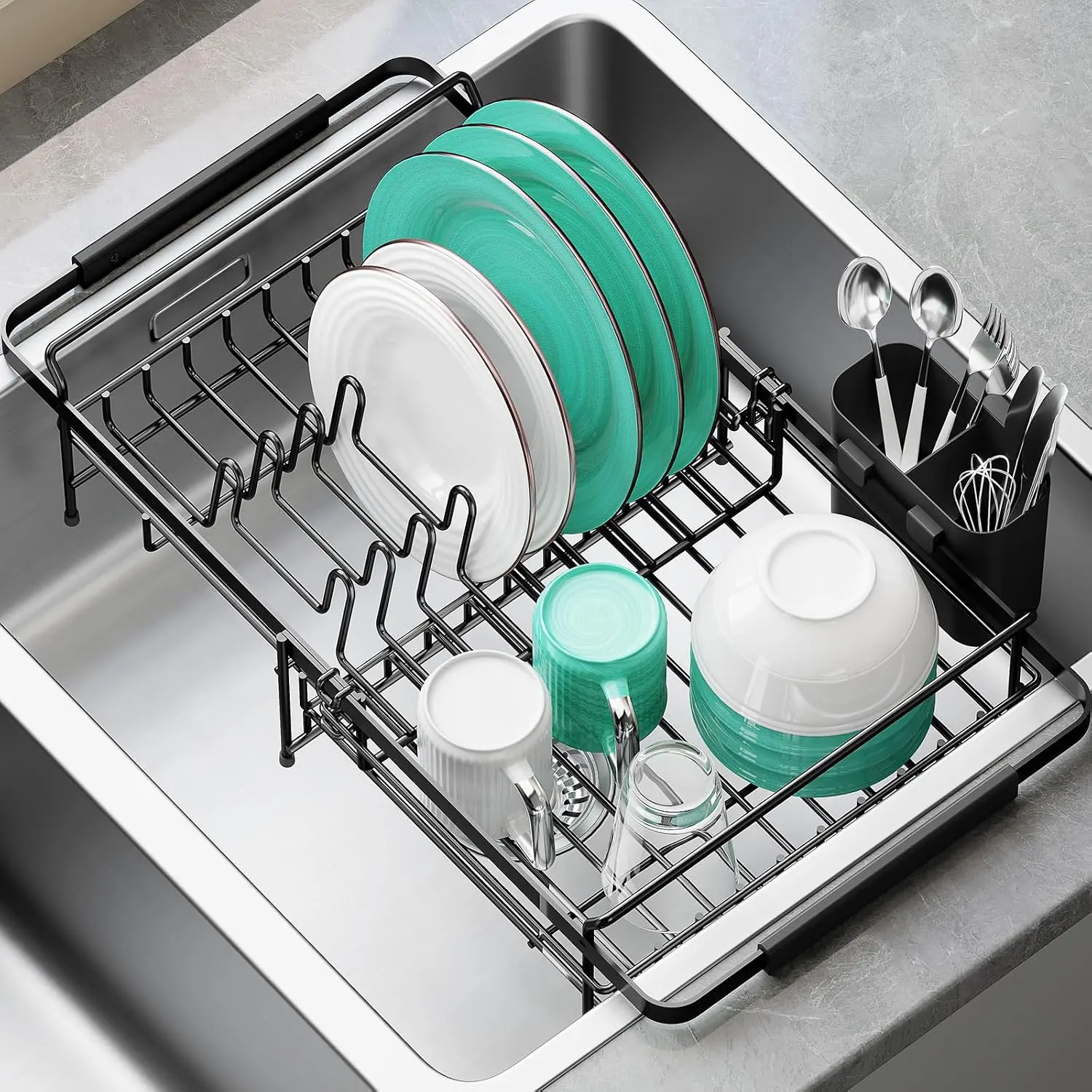 Dish Drying Rack in Sink - Stainless Steel Expandable (14.5''-18''L) Over The Sink Dish Rack with Utensil Holder, Space-Saving Dish Drainer for Kitchen Counter, 1 count, Matte Black