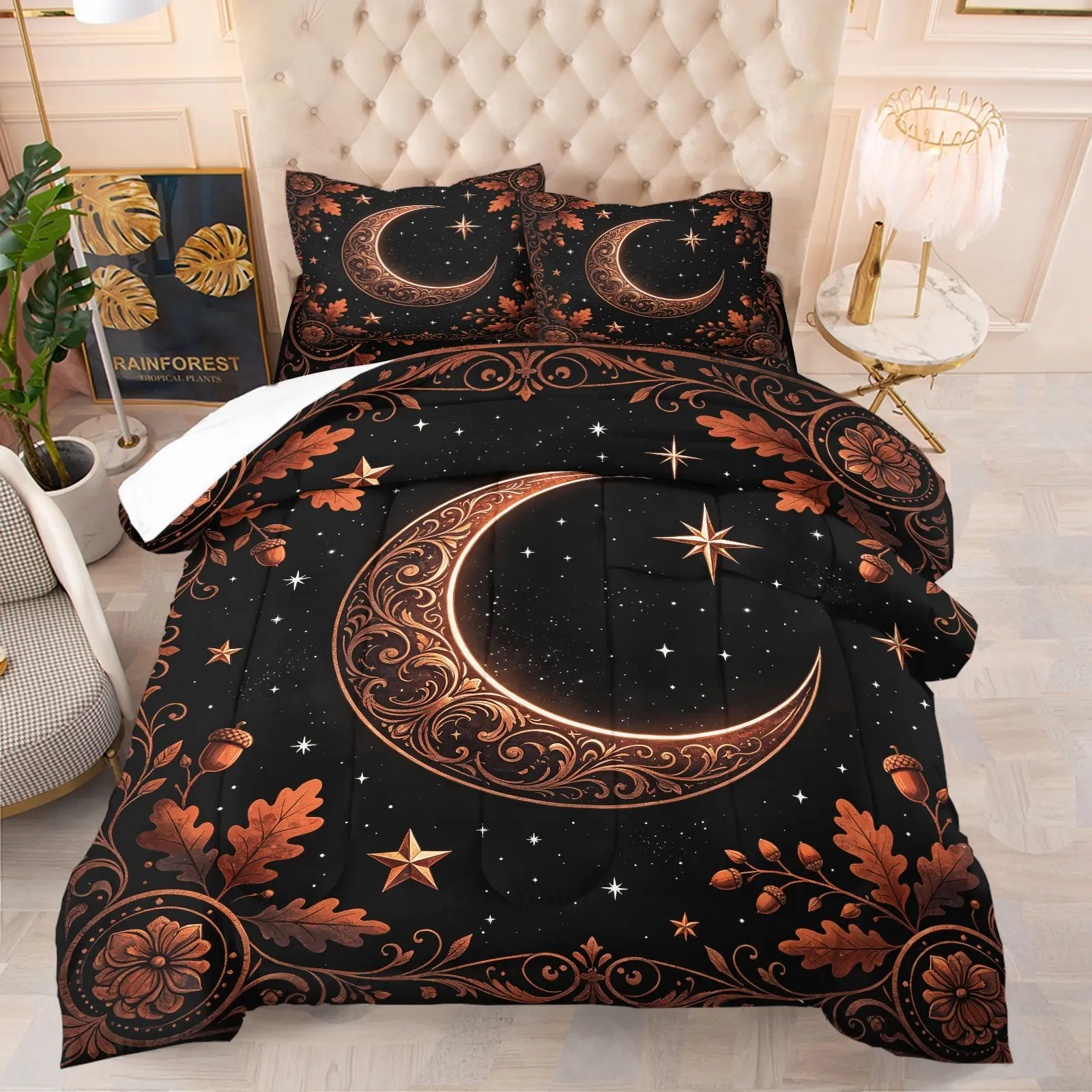 Mystical Autumn Oak Leaf Crescent Moon & Star Comforter Set, Soft Breathable Gothic Night Sky Bedding, 1 Quilt + 1/2 Pillowcases, Unique Witchy Gift Quilt for Bedroom, Dorm & Guest Room, Twin/Full/Queen Size