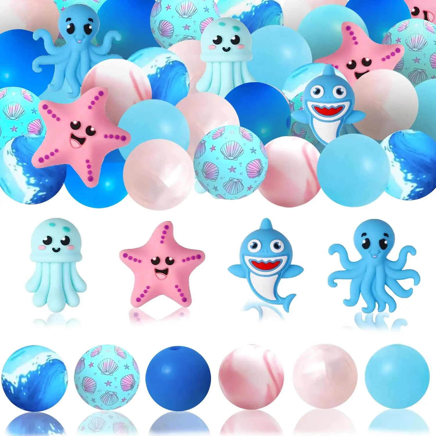 74 count,  Theme -  Starfish, Jellyfish, Octopus,  Focus Beads, 15mm Printed Round Beads for DIY Keychains, Beaded Pens, Charms,  Decor, and  Bracelets