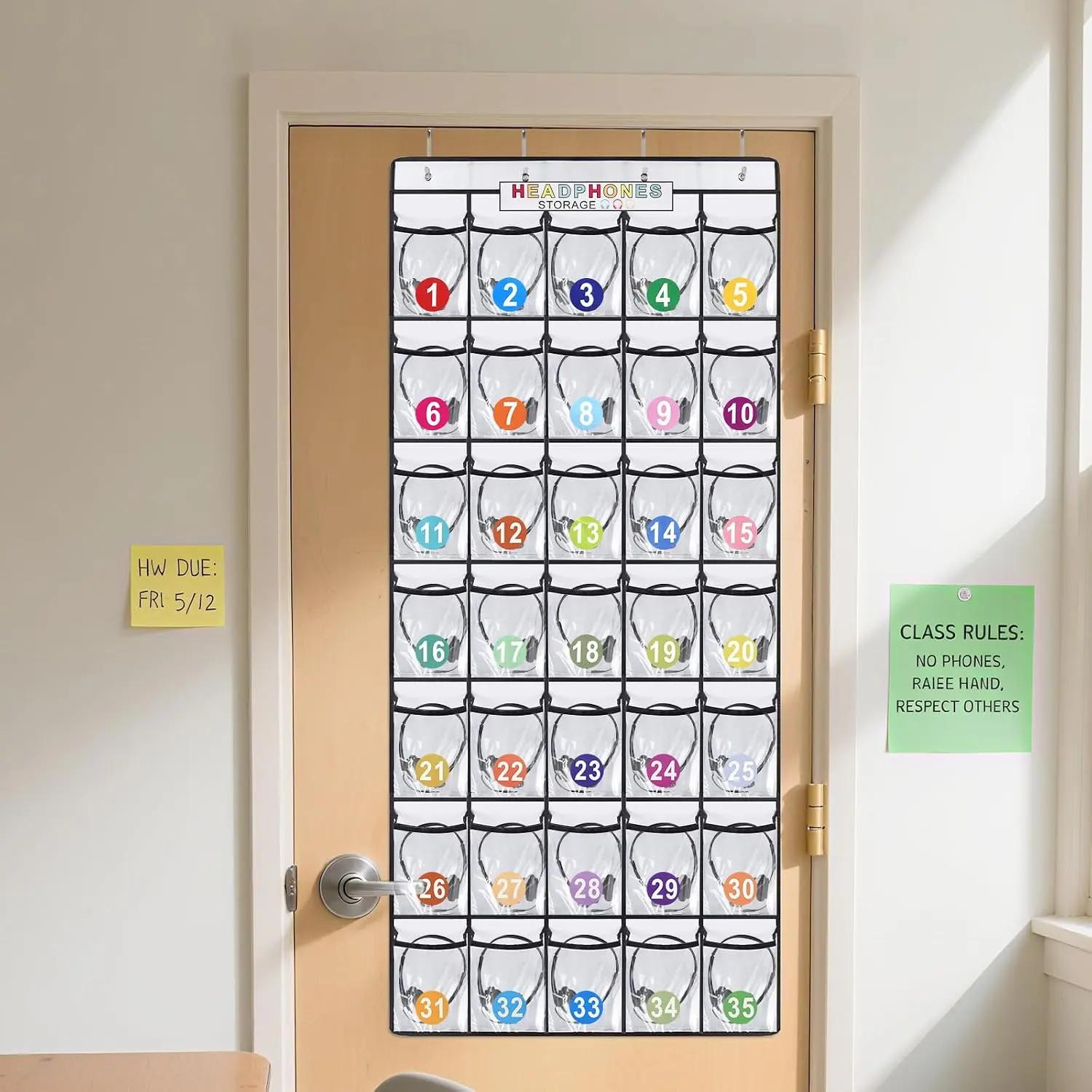 Headphone Storage Classroom,Over The Door  Classroom Headphone Storage with Digital Stickers,35 PVC Clear Organizer Holder Pockets with 4 Hooks for Headphone Organizer Classrooms