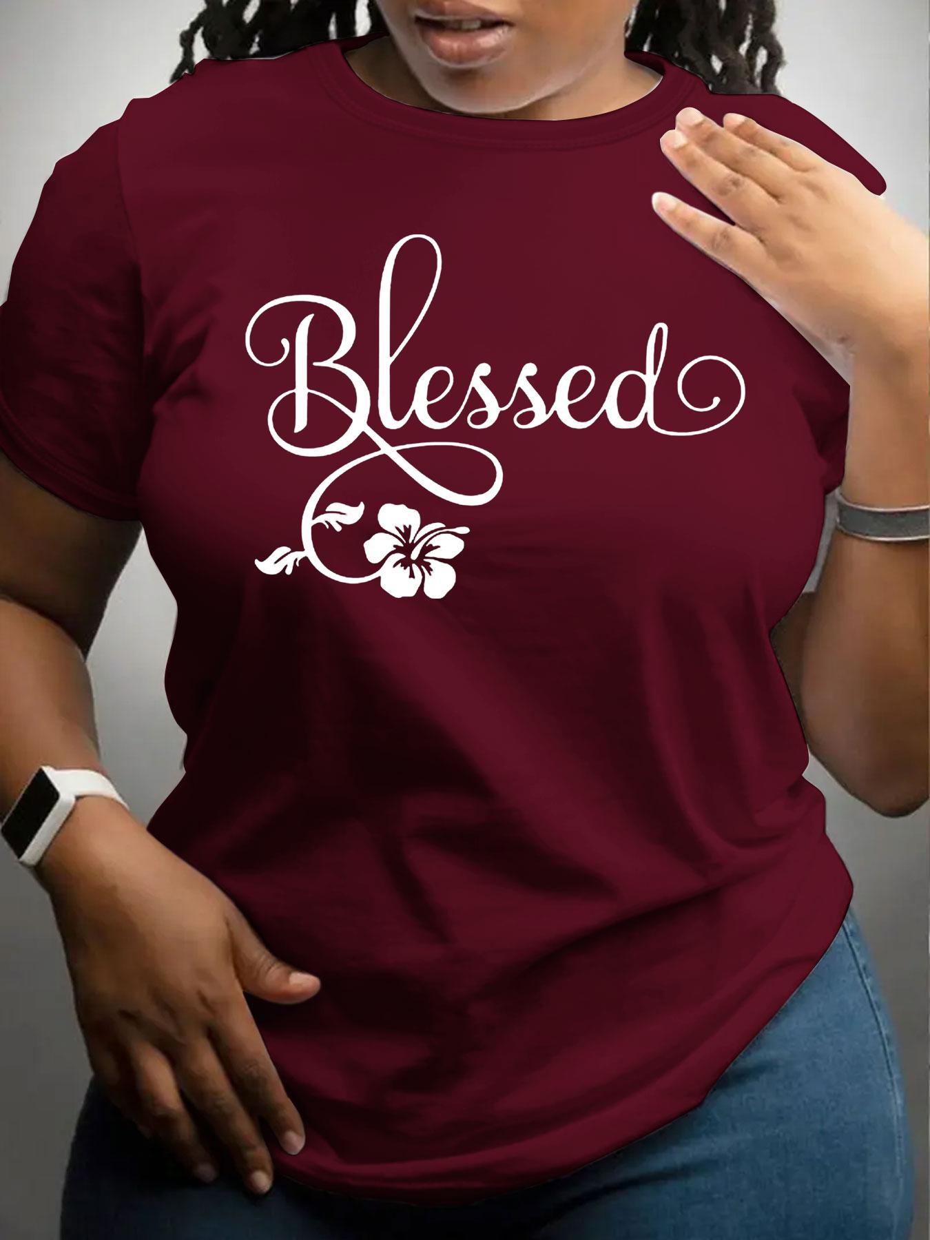 【Plus Size】 Letter & Flower Print Round Neck Tee, Casual Short Sleeve Crew Neck T-Shirt for Daily Wear, Women Plus Clothing for All Seasons