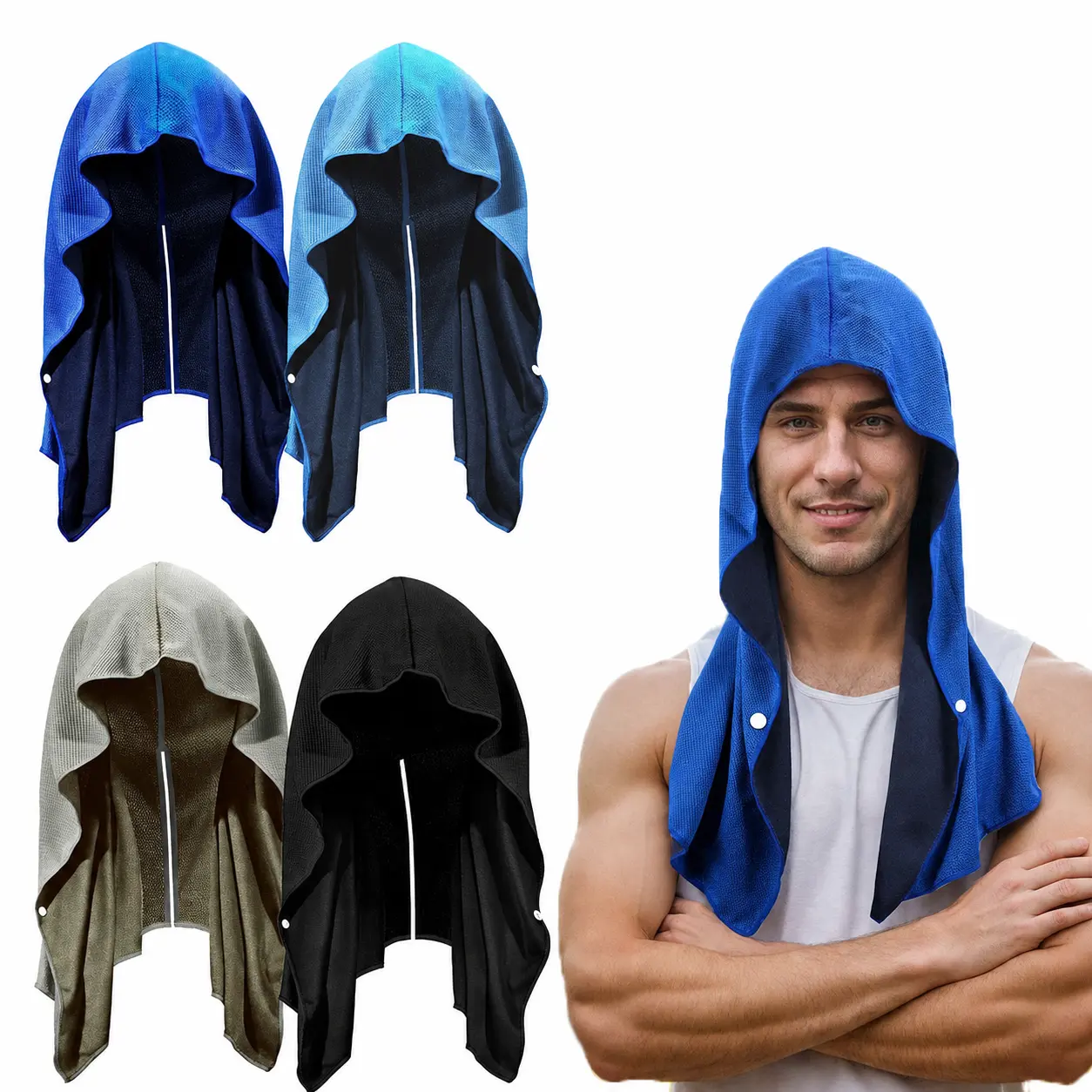 Unisex 2-Pack Cooling Hoodie Towels with Snap Buttons, Quick-Dry Absorbent Gym/Outdoor Head Neck Fit Wrap for Running/Cycling, Sports Accessory