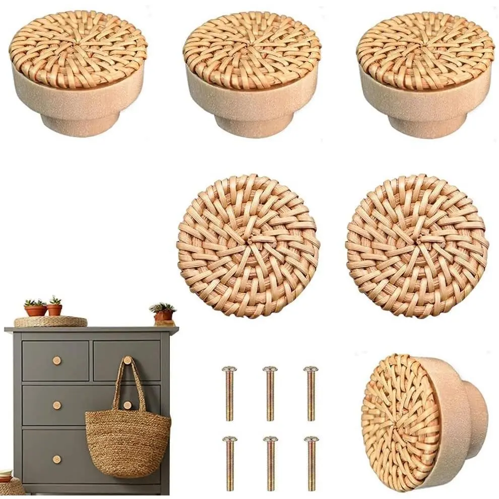 6 Pcs Boho Rattan Dresser Drawer Knobs Wood Cabinet Pulls Natural Handmade Woven Coastal Style Decorative Knobs Easy Install with Screws for Kitchen Bathroom Bedroom FurnitureGift