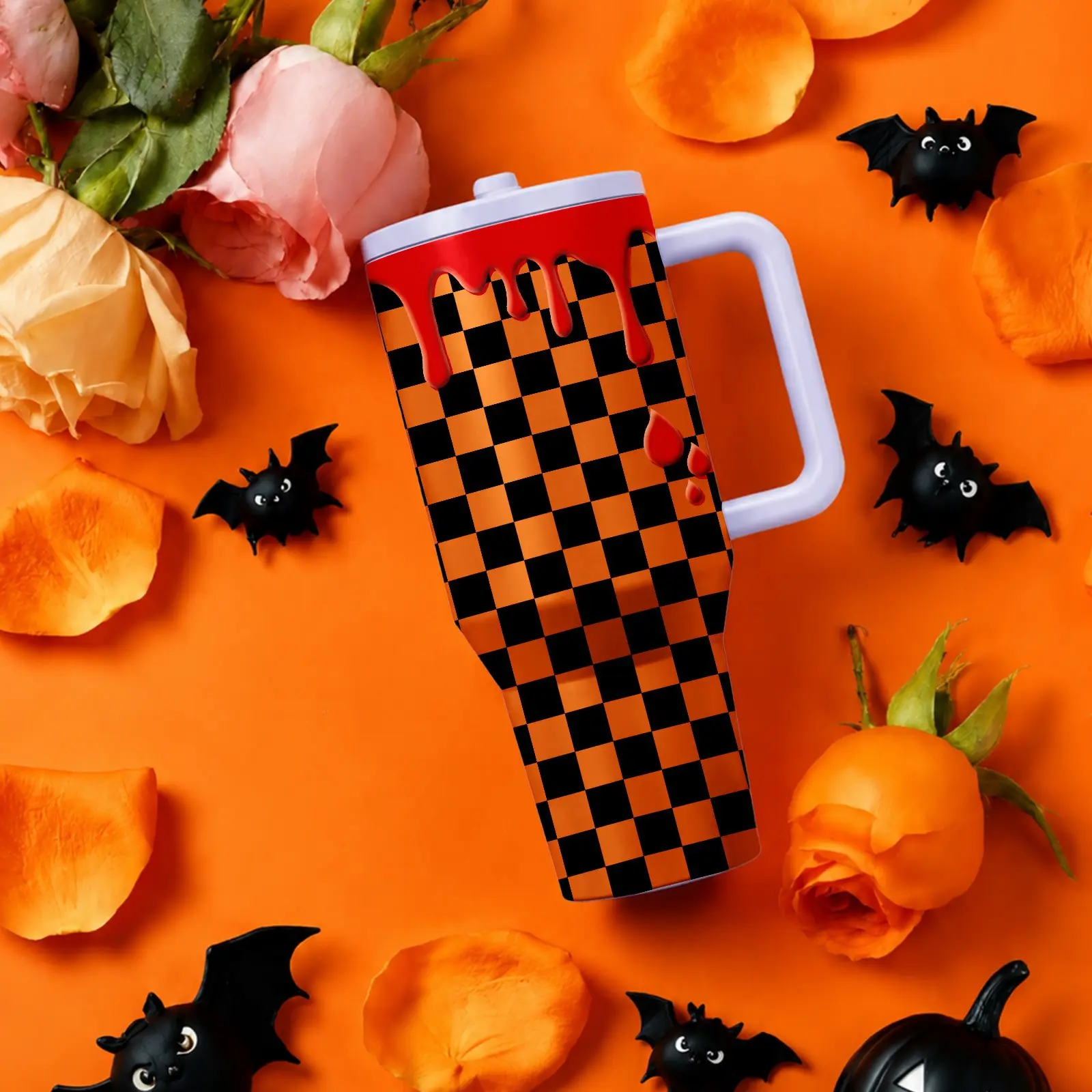 1PC Midnight Checker 40oz Tumbler with Handle, Black Orange Checkerboard Design with Melting Drip Detail, Trendy Street Style Insulated Stainless Steel Straw Cup, Perfect for Work, Travel, Camping, Festivals, Halloween Vibes and Everyday Hydration