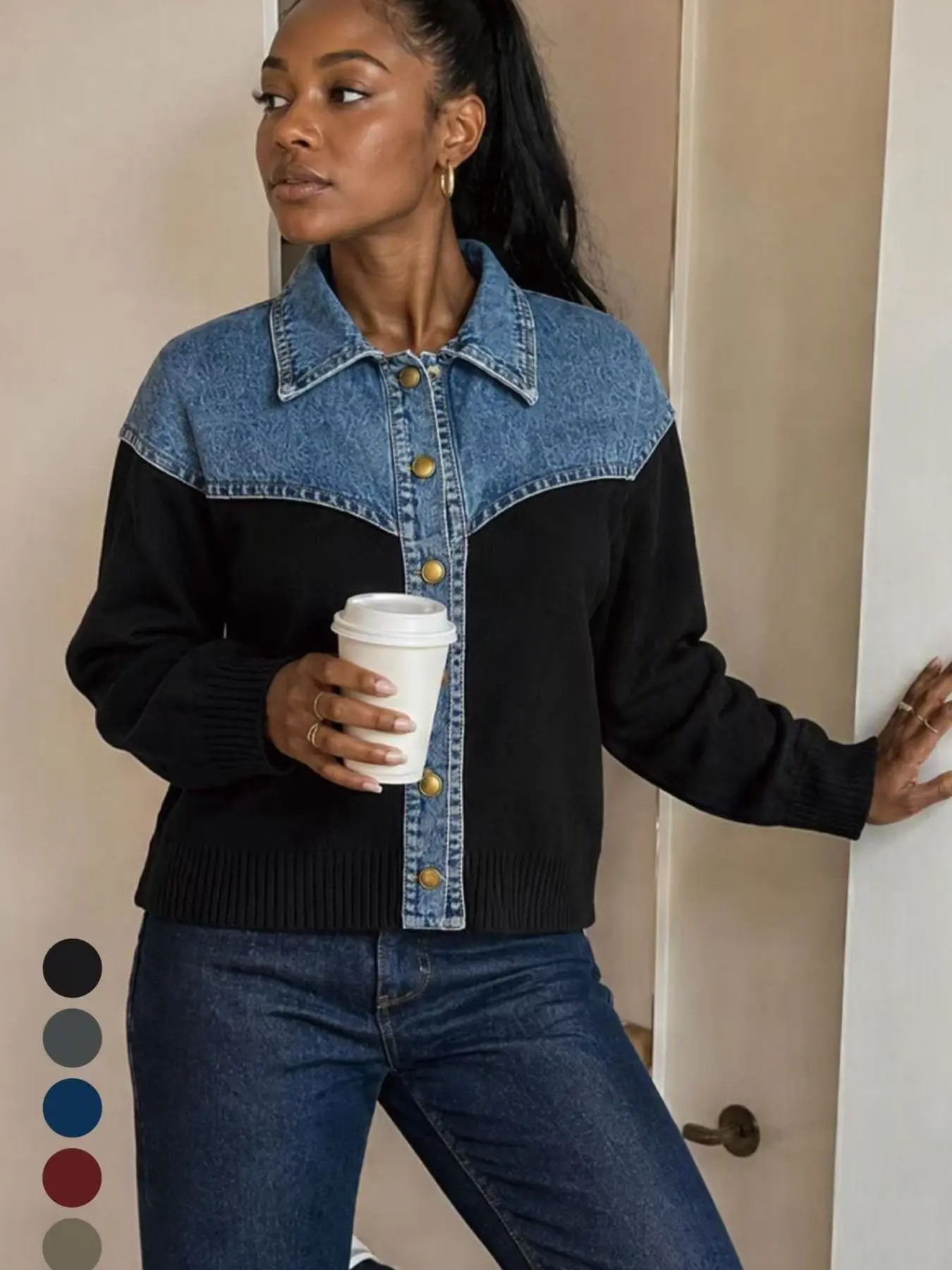 Women's Patchwork Knit Jacket, Lapel Button Long Sleeve Vintage Loose Fit Fall Winter Outerwear, Stylish Pullover Sweater
