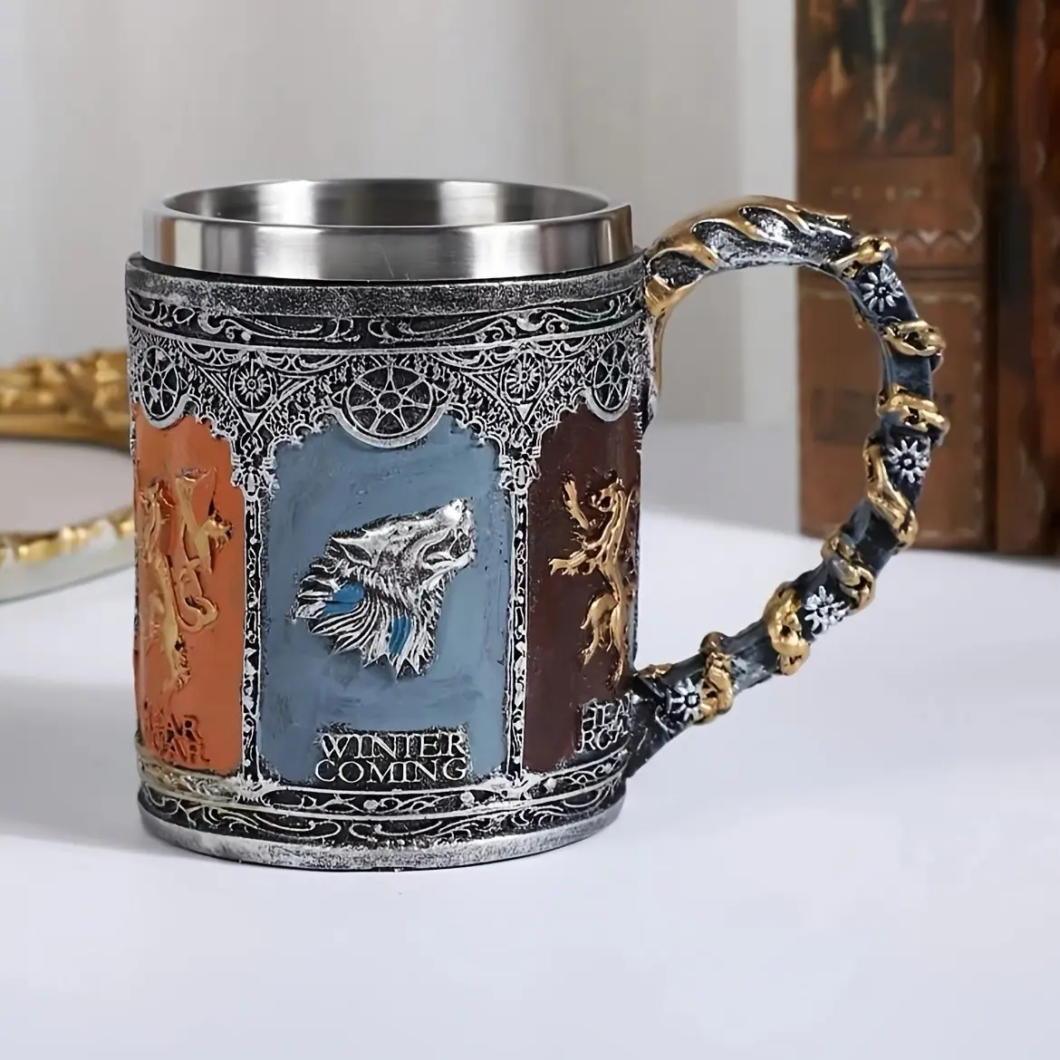 Gothic-Inspired Stainless Steel Mug, Winter Is Coming Wolf Lion Motif, Multi-Colored Enamel Accents, Non-Slip Handle, Reusable Home Bar Decoration