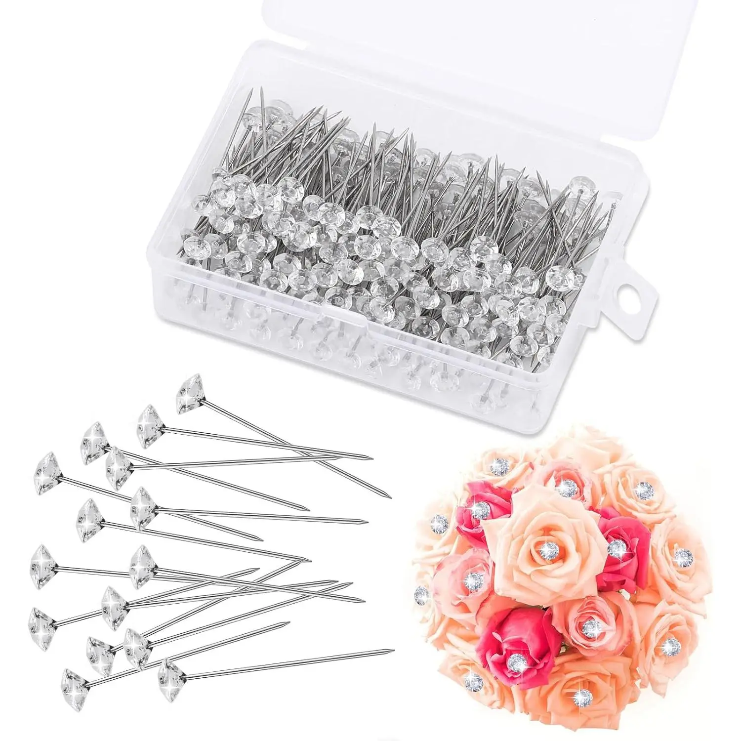 200 PCS Corsage Boutonniere Pins, 1.5 Inch Flower Diamond Head Pins Clear Straight Corsage Bouquet Diamond Pins  Bouquets, Wedding, Wrist Flower Decoration Sewing Craft