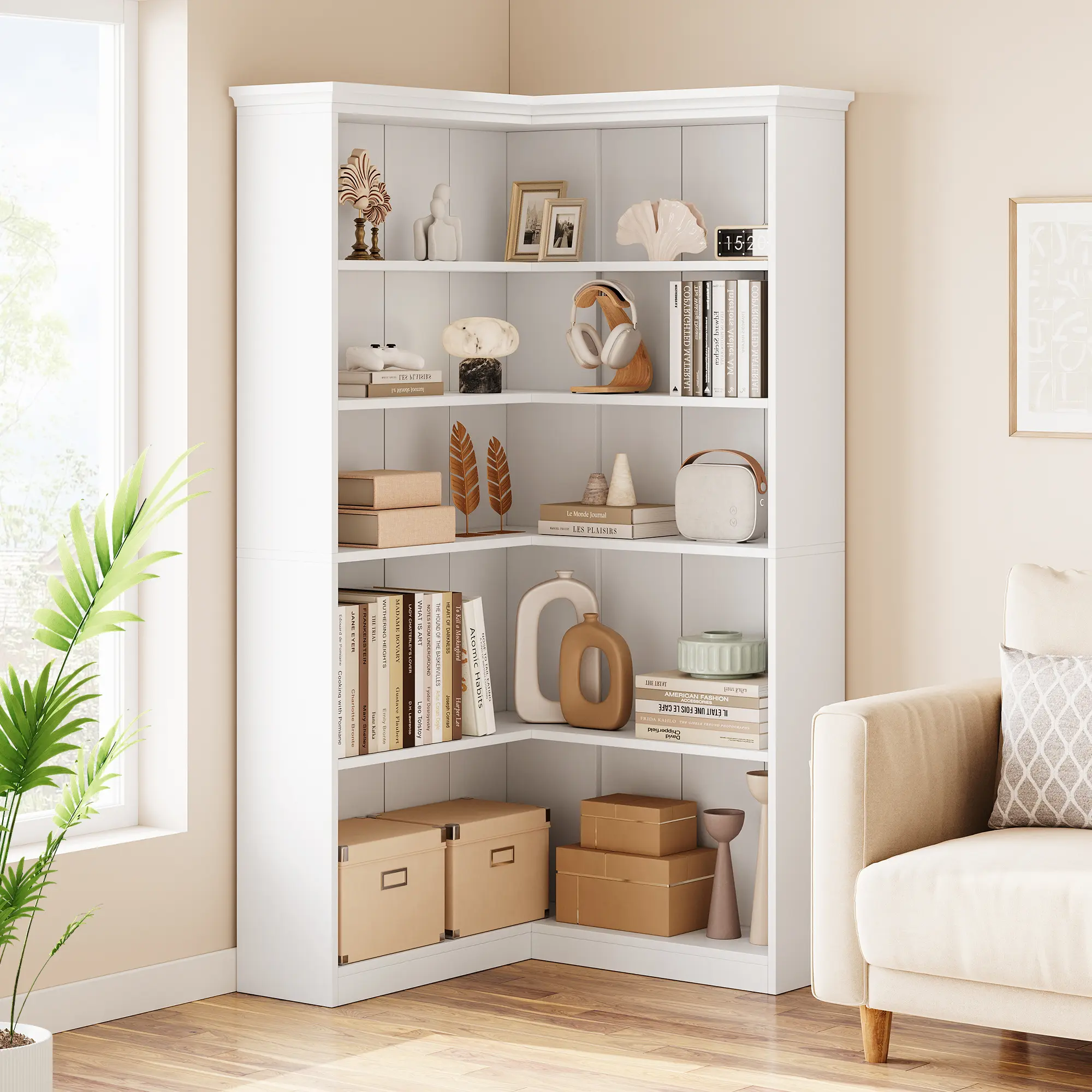 72.8" Farmhouse L-Shaped Corner Bookshelf, 5-Tier Tall Wood Bookcase, Large Corner Display Storage Rack for Living Room & Bedroom