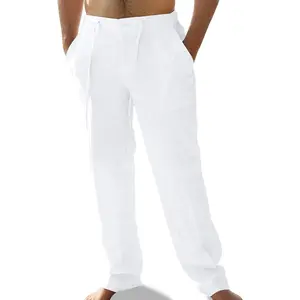 Mens Linen Pants Elastic Waist Summer Pants Relaxed Fit Lightweight Yoga Beach Casual Pants with Pockets(Gift)