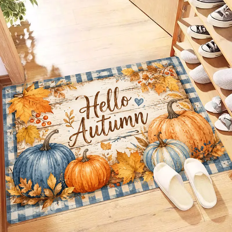 Flannel Floor Mat 1 piece indoor entrance welcome doormat Autumn greeting pumpkin maple leaf pattern Flannel material Non-slip, soft and easy to clean Rustic blue and orange tones Farmhouse style autumn decoration Modern style Thanksgiving choice
