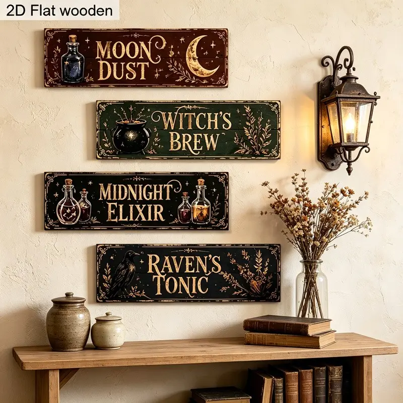 4-Piece Vintage Witch Potion Wooden Wall Plaque Set, Gothic Style Decor, Witchy Home Decor, Halloween Apothecary Theme, Kitchen, Bar, Farmhouse Hanging Decoration