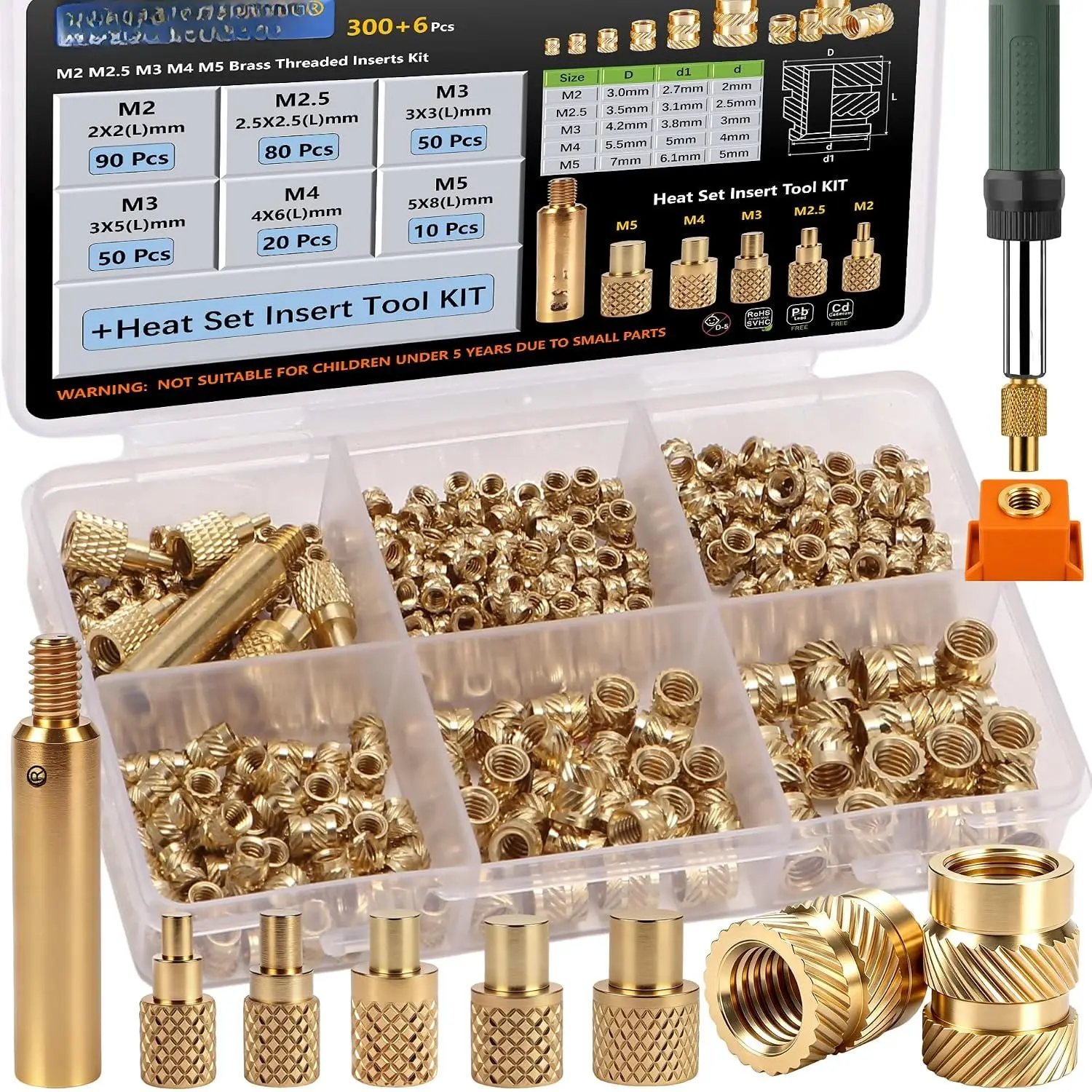 300+6Pcs Brass Threaded Inserts M2 M2.5 M3 M4 M5 for  Printing | Heat Set Insert with Tips Tools, Brass Knurled Nuts for Plastic PLA PETG ABS PPS & , Sturdy Case, Iron Not Included