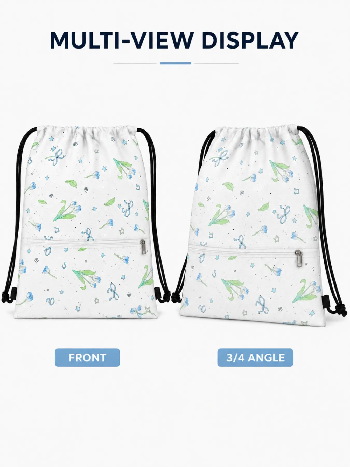Blue Flower Bow Pattern Drawstring Backpack, 34x42cm Thick Oxford Fabric, Front Zip Pocket, Multi-Purpose Travel School Bag