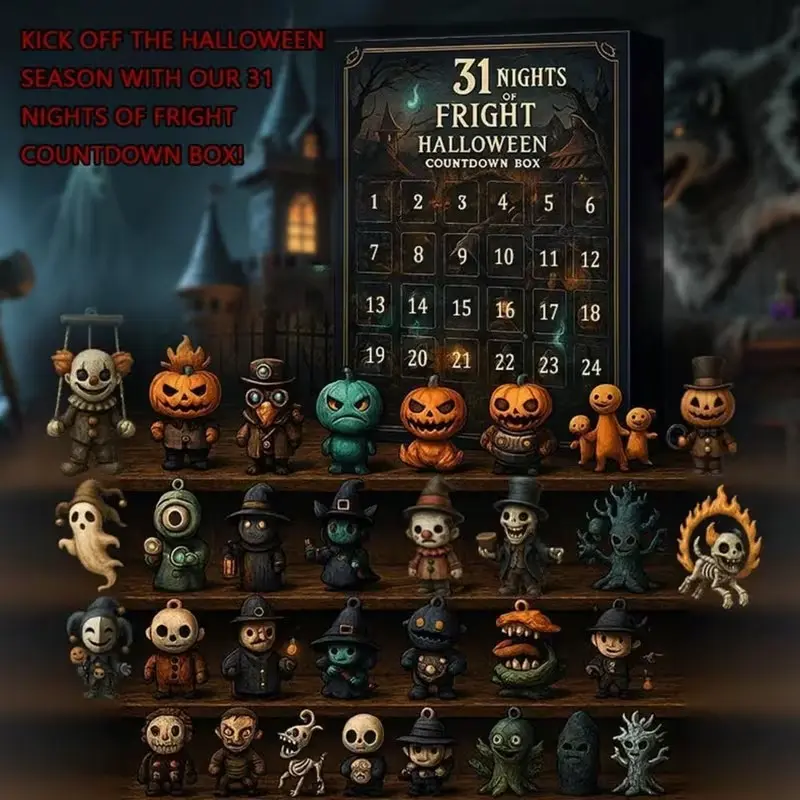 2026 Halloween Countdown Calendar Box, 31 Collectible Horror Figures, Daily Door Decor for Parties, Plastic Material, Spooky Holiday Decoration