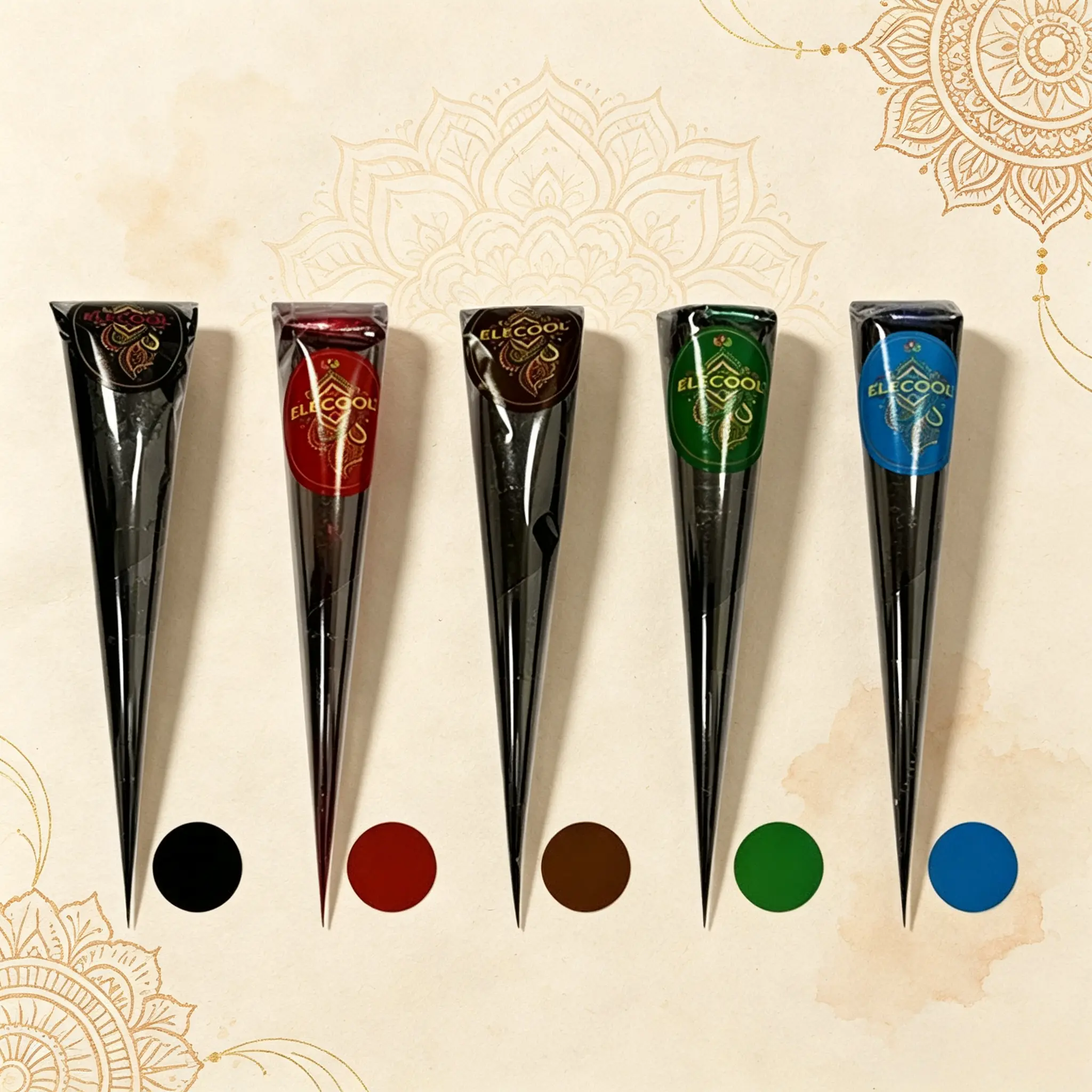 ELECOCO multi-color henna cone set, natural plant henna tattoo pen available in brown, black, red, blue, green. Mild non-irritating, long-lasting waterproof pigment, perfect temporary tattoo tool for hand mandala patterns at weddings and parties.