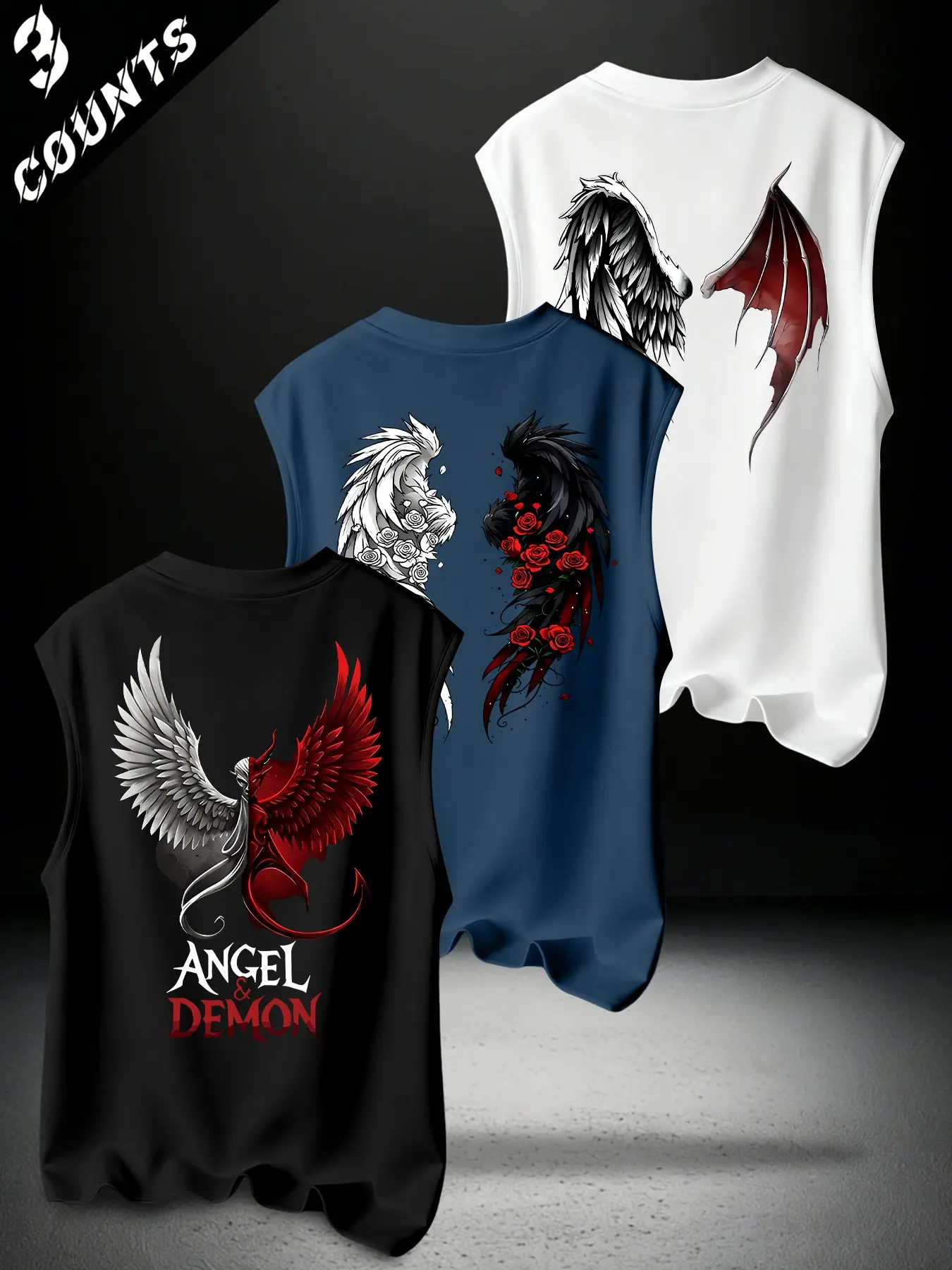 3-Pack Angel & Demon Wing Print Sleeveless Vest, Breathable Tank Top Street Style Fitted Top, Men's Fitness Casual Wear, Unlined Design