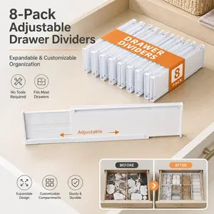 8-Piece Adjustable Drawer Dividers. Tool-free installation and flexible size adjustment, great for drawers in wardrobe, kitchen and bathroom to keep items well organized.