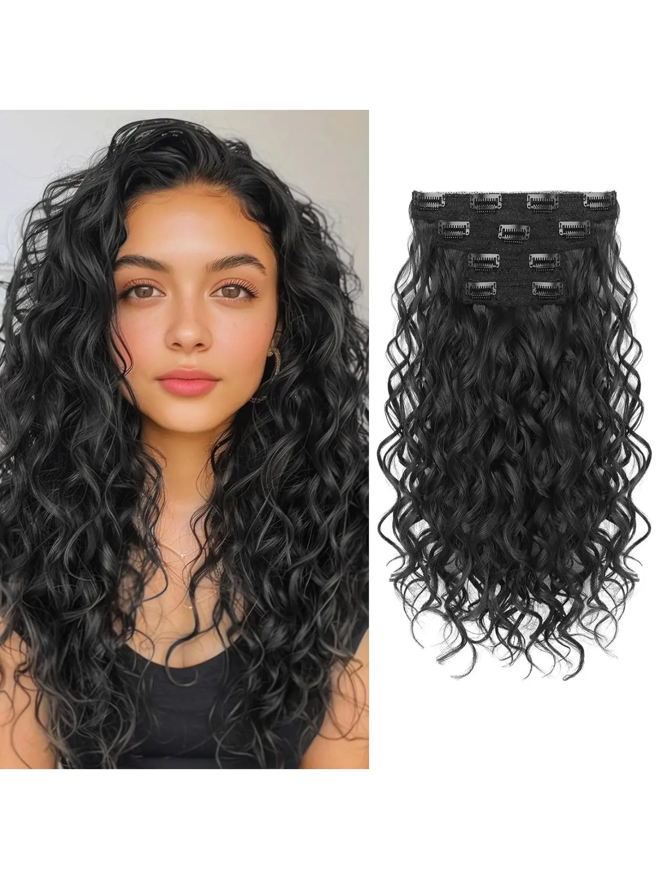 16 Inch Short Wavy Clip-In Hair Extensions, 4 Pieces Lace Edge, Invisible Natural Look, Women's Synthetic Fiber Hairpieces