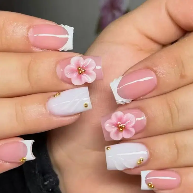 24pcs Gel Nails, 3D Floral Design, Gold Beads, French Rhinestones, Reusable, Party Ready, Summer Essential, Women & Girls