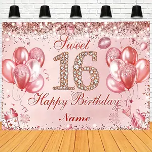 Sweet 16 Birthday Backdrop Pink Diamond Style Tapestry Wall Hanging, Birthday Photography Background, Premium Polyester Decorative Banner for Celebration Party, Photo Booth, Event Venue, Indoor Outdoor Decor