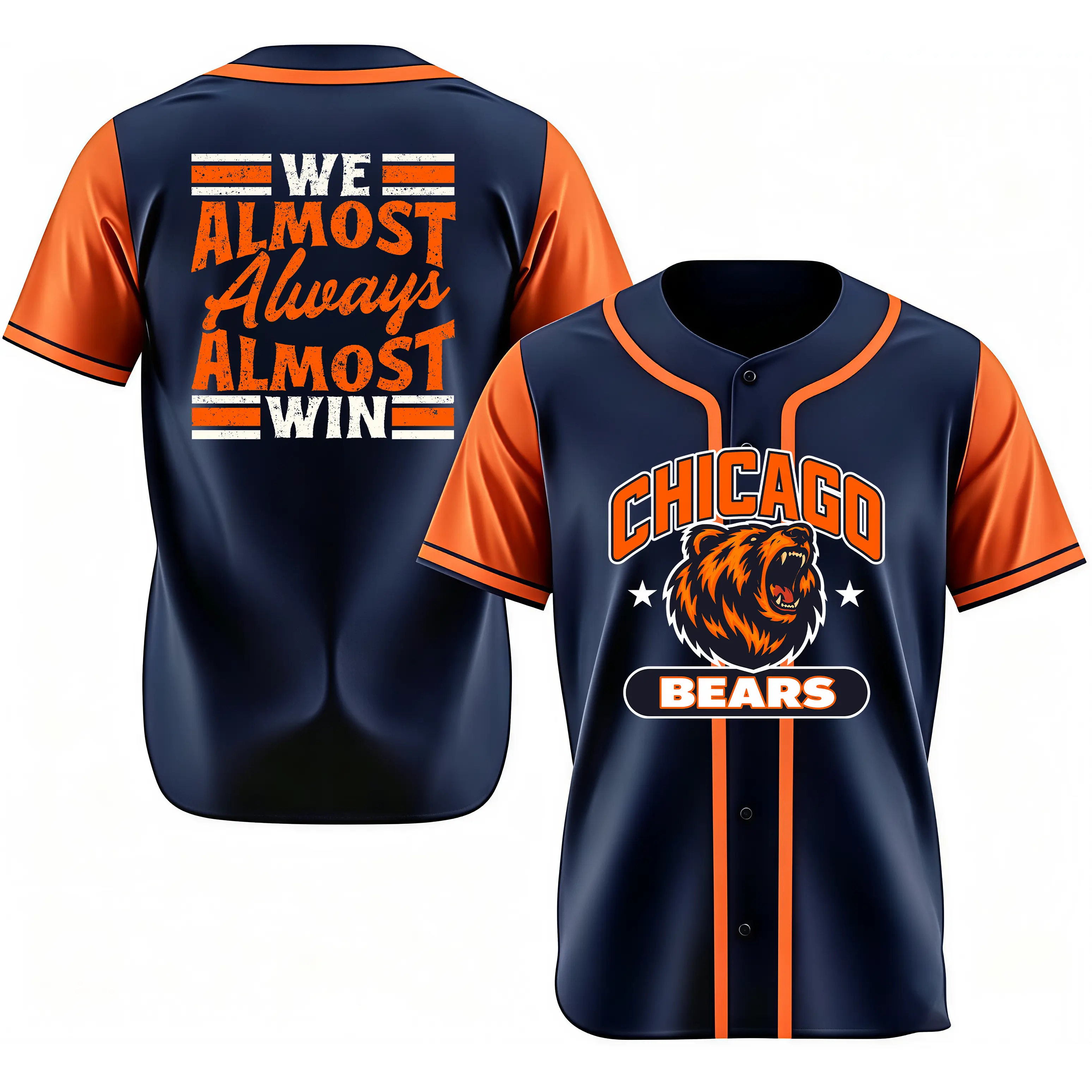 We Almost Always Almost Win Chicago Baseball Jersey, Retro Bear Logo Button Up Baseball Jersey, Navy Orange Split Sleeve Sports Uniform, Funny Game Day Tailgate Gift For Chicago Football Fans#TikTokMadeMeBuyIt #SportsGraphicTee #HalloweenGiftForMen