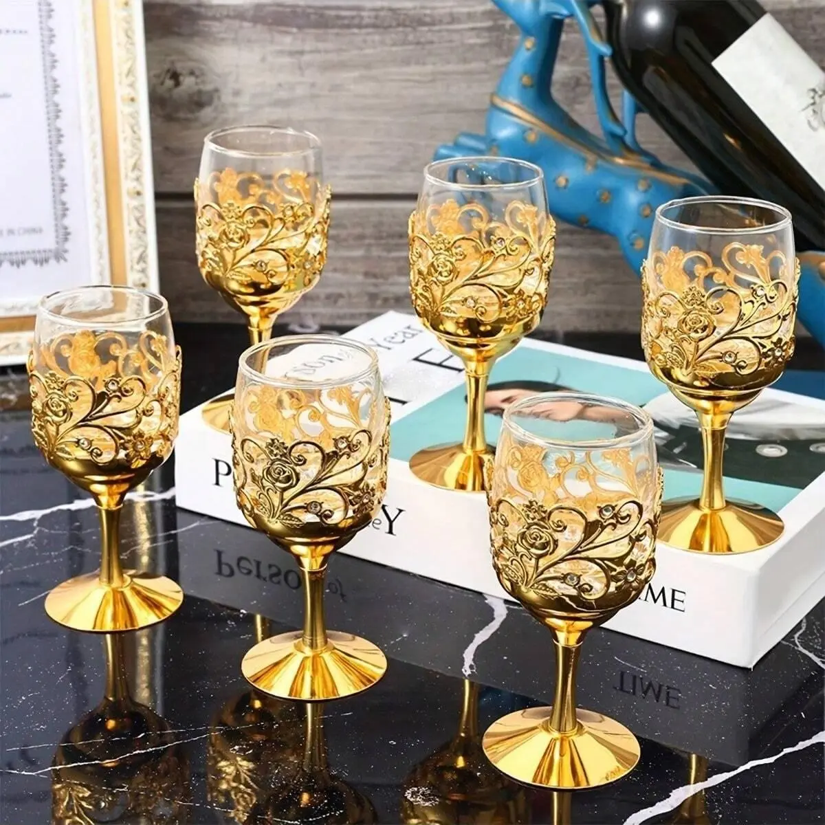 6-Piece Elegant Tall Wine Glasses Set, Vintage European Style, Perfect for Parties and Weddings, Reusable, Hand Wash Only, Floral Design
