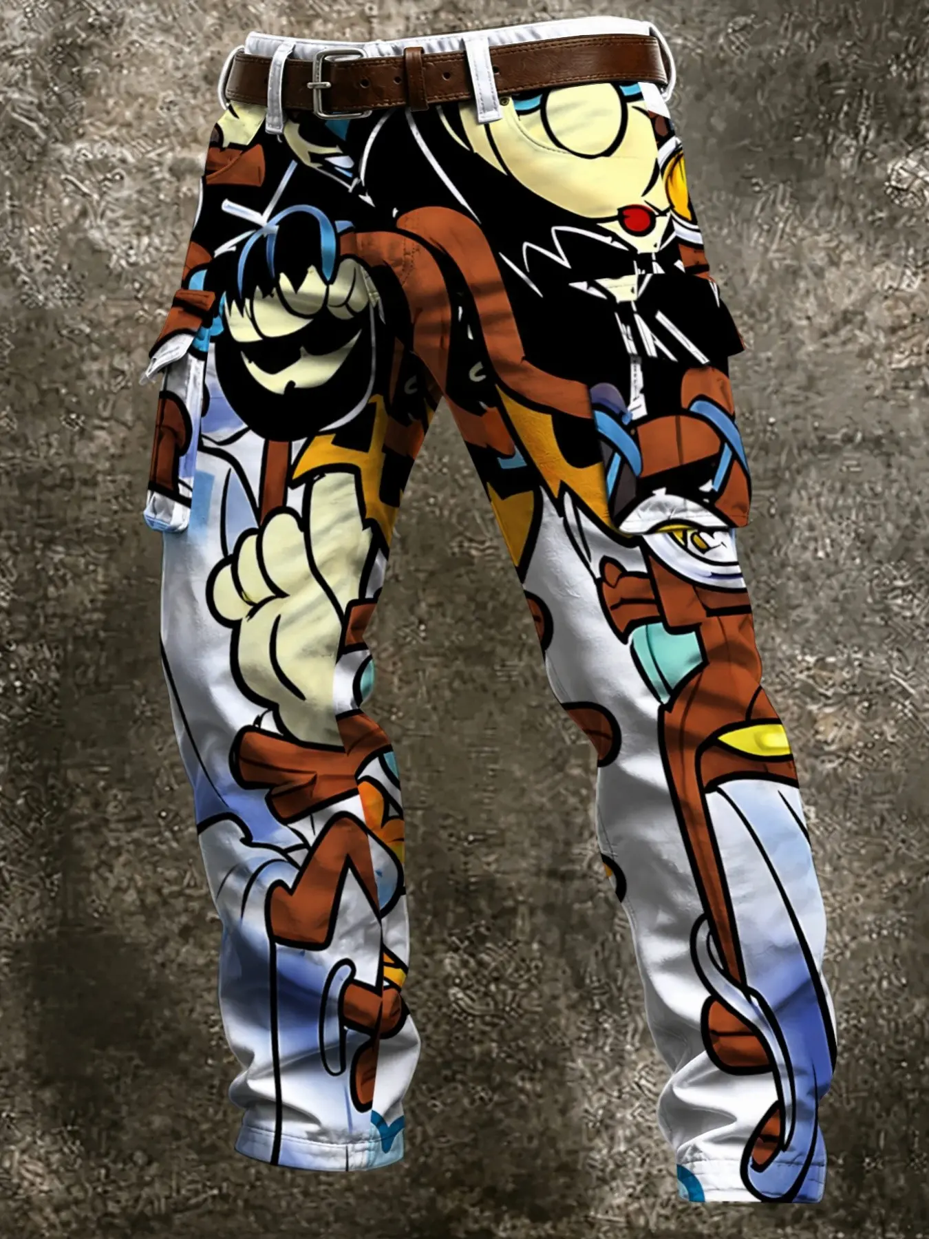 Cartoon Anime Print Cargo Pants, Retro Street Graffiti Side Pockets, Trendy Daily Wear Long Trousers, Casual All-Season Fashion
