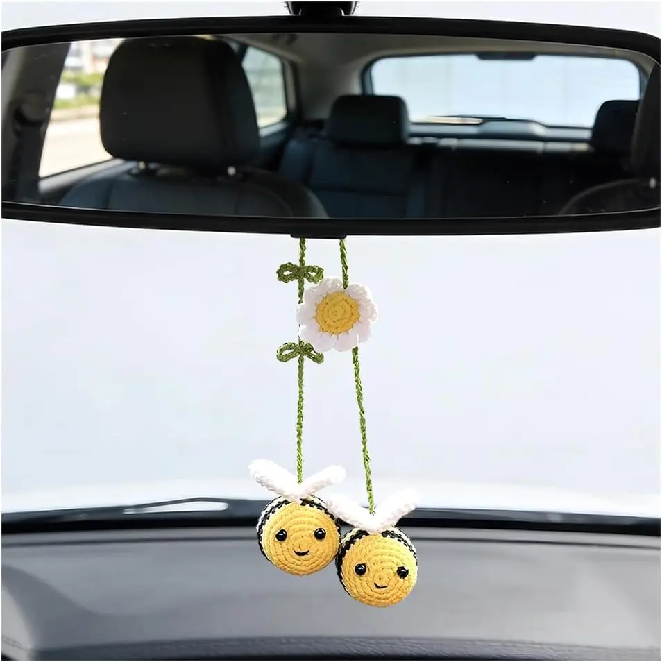 Crochet   Rear View Mirror Ornament, Cute Knitted Bumblebee and Flower Rearview Mirror Pendant,  Auto Interior Rearview  Charm,  for SUV Van