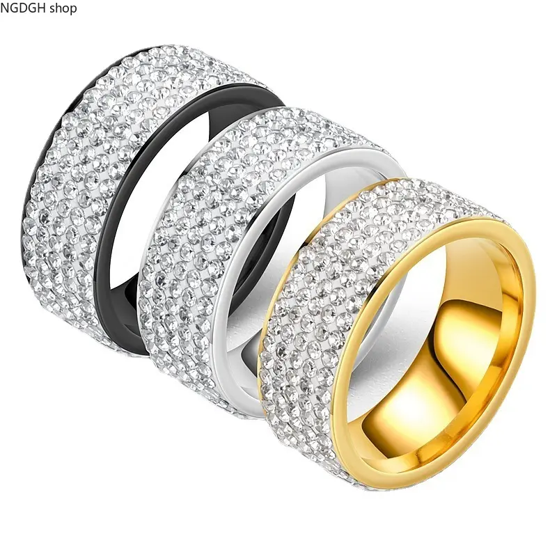 Stainless Steel Eternity Band Ring, 3 Rows Paved Round Cubic Zirconia Stackable Ring, Gold Silver Black Plated Bling Finger Jewelry, Comfort Fit Tarnish Resistant Band, Sparkling Promise Ring for Wedding, Anniversary and Daily Casual Outfits