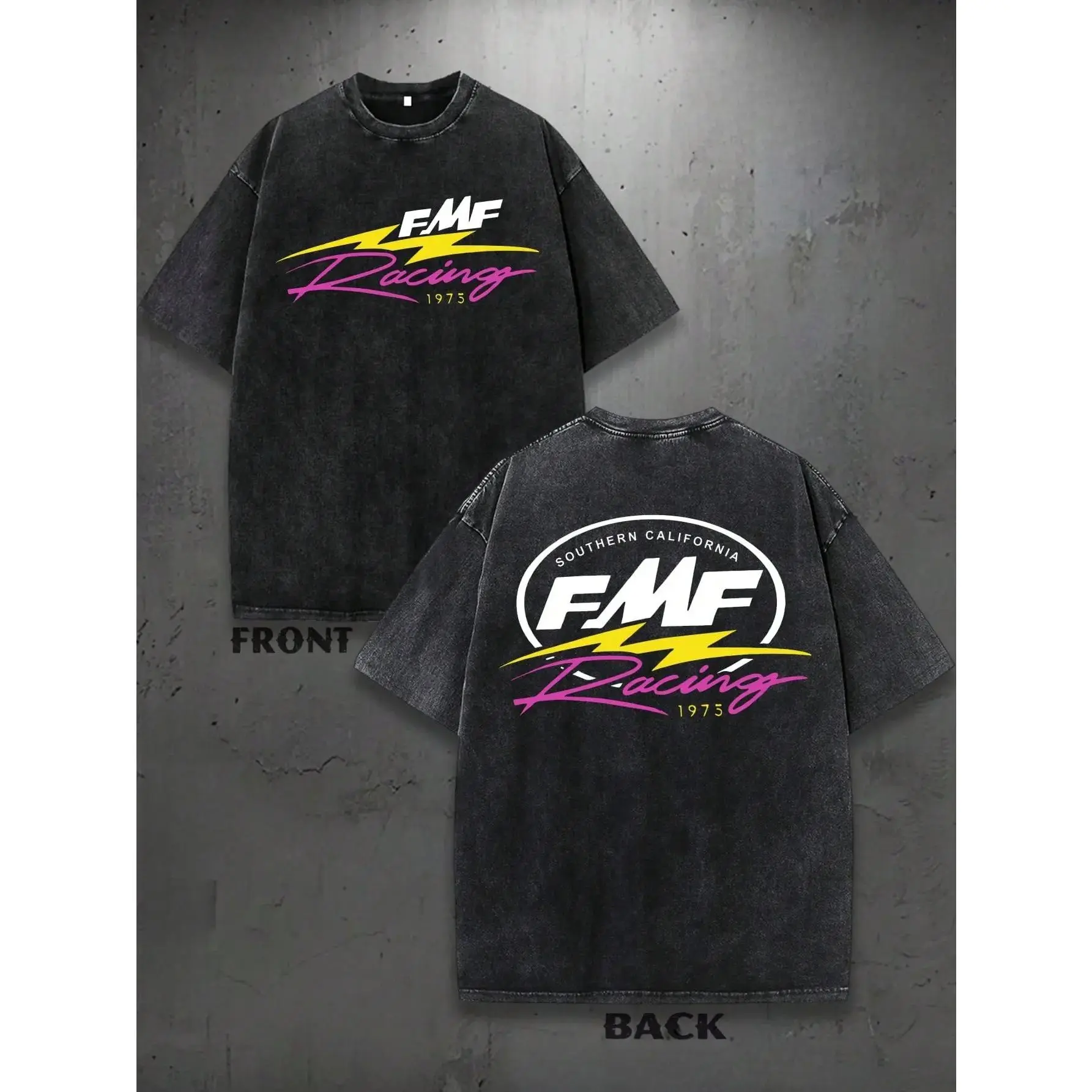 Black Washed FMF Racing Retro Grunge FMF 1973 Southern California Lightning Motocross Graphic T Shirt for Men Women Oversized Short Sleeve Crewneck Cotton Tee Streetwear Casual Top for MX Racing Lovers and Daily Wear