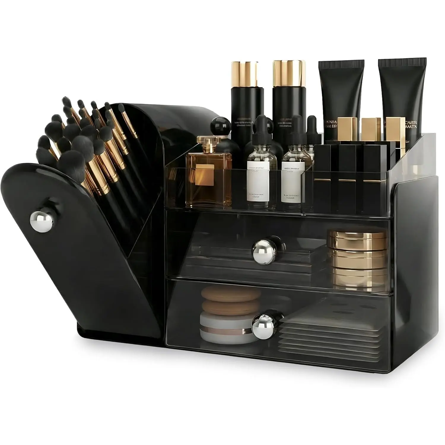 Makeup Organizer with Dustproof Brush Holder for Vanity, Large Cosmetics Organizer and Bathroom Countertop Skincare Storage with 2 Clear Drawers for Lipstick, Perfume, Eyeshadow Palettes,Black