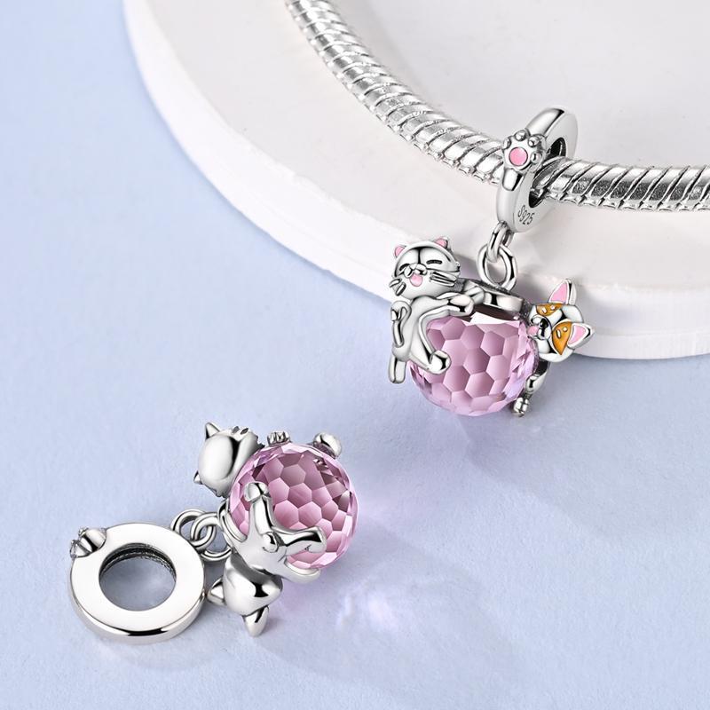 Pink series Charms Plata De Ley 925 Original Heart Pet Cat Dog Bow Handbag luggage Charm Beads Fits Bracelet DIY Jewelry Making
