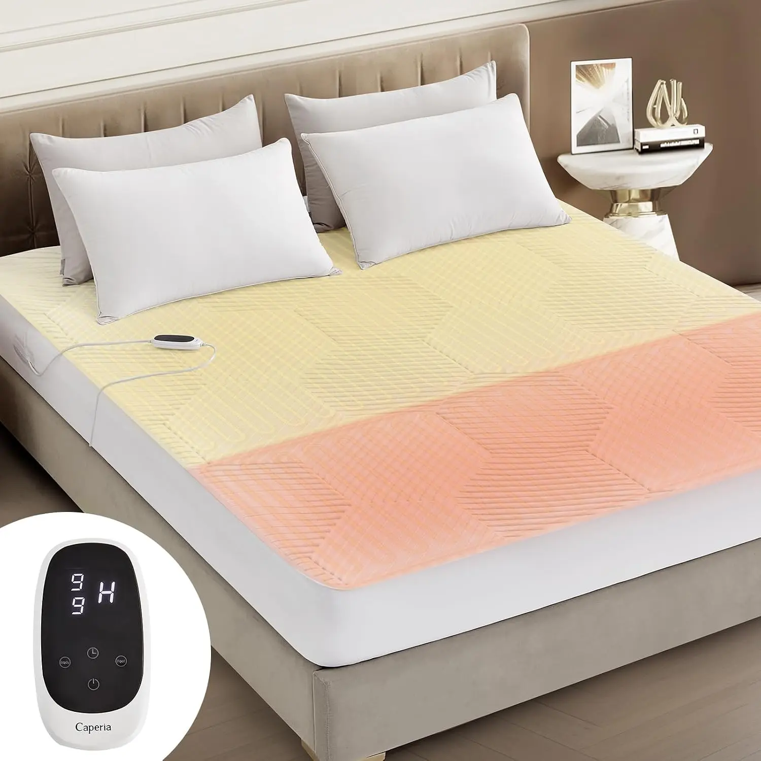 Caperia Twin XL Waterproof Heated Mattress Pad, Multi-Zone Smart Digital Control, 9 Heat Settings, Auto Off, Machine Washable, White, 39" x 80" x 17.3" Deep Pocket, 5-Year Warranty
