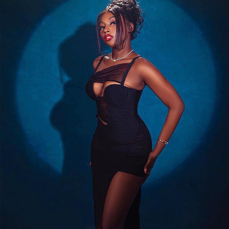 Sexy hollow dress with mesh splicing, mid-length slit bodycon skirt, solid color pullover dress, evening gown