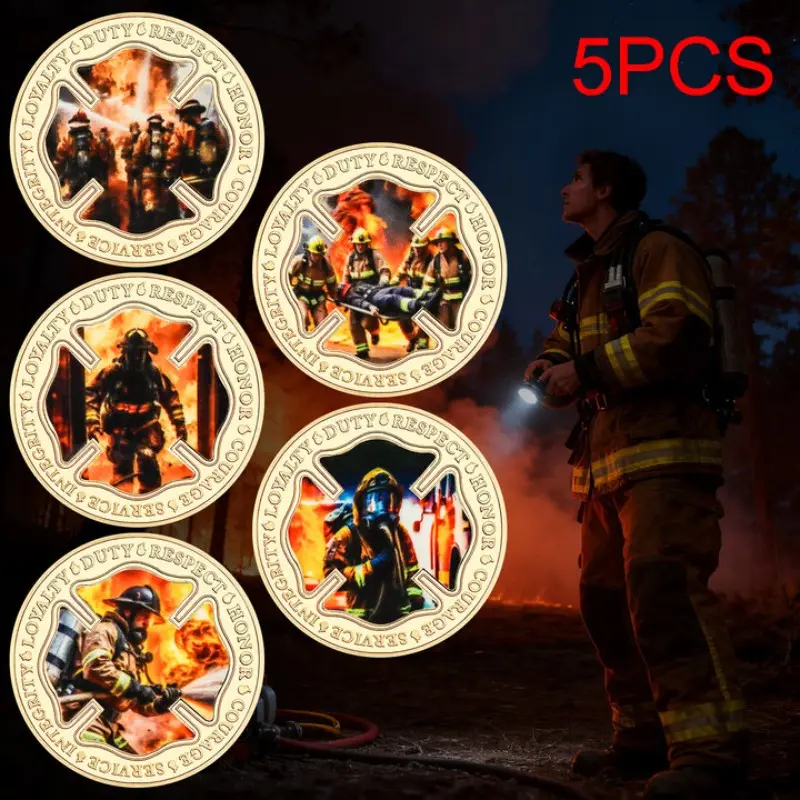 Firefighter Memorial Coin Set, 5-Piece Collection, Commemorative Coins, Ideal Gift for Firefighters, Collectible Items, Unique Souvenirs