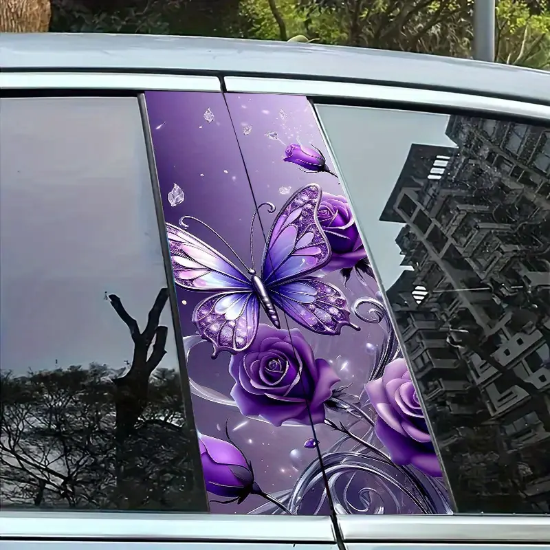 2D VIP Version Car Center Pillar Sticker | Dream Purple Butterfly Rose Crystal Pattern, PVC Material, Waterproof And Scratch-Resistant, Suitable for All Models And Various Surface Car Decals Stickers For Cars