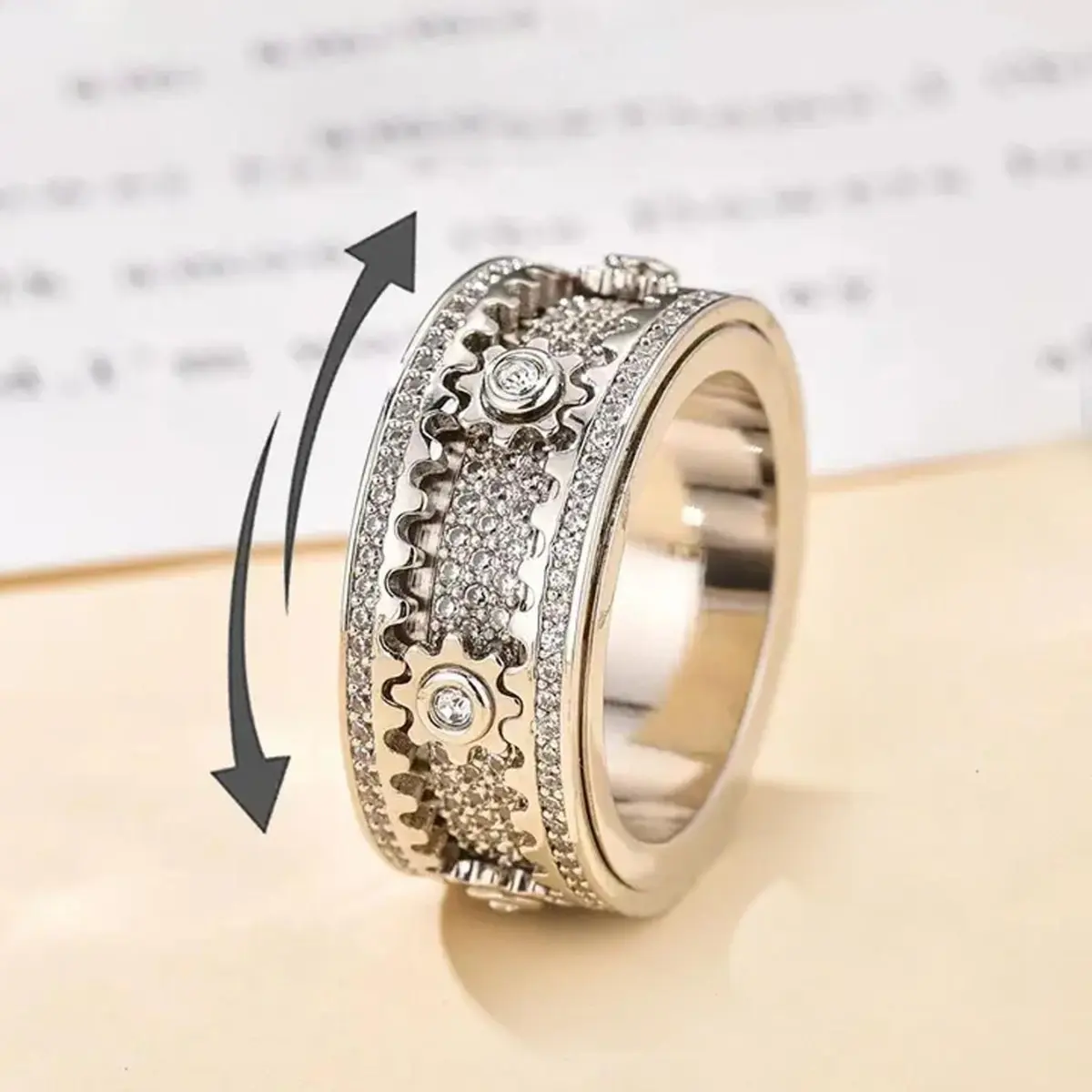 Rotatable Gear Spinner Ring, Gold-tone & Silver-tone Available Men's CZ Band Jewelry