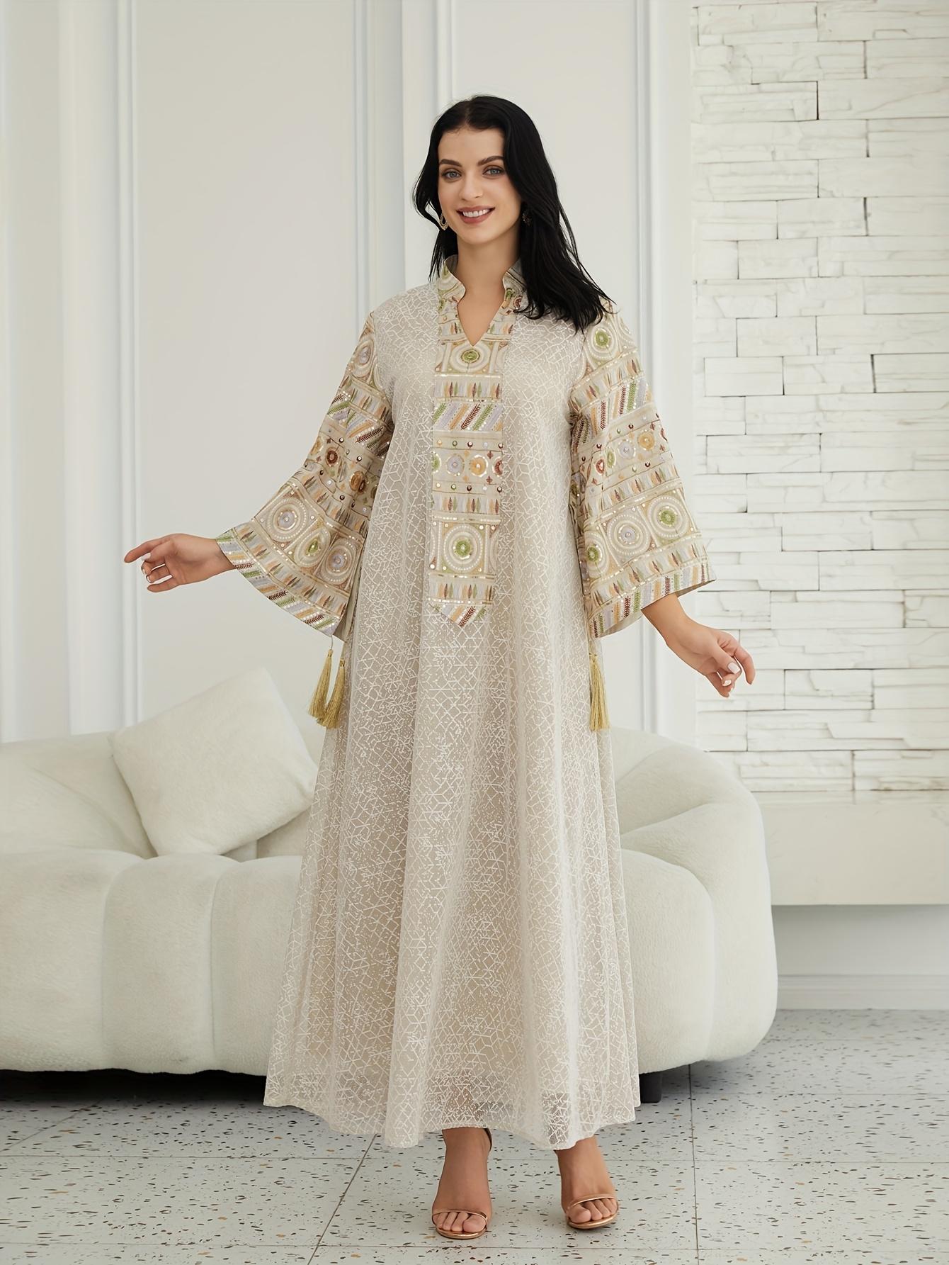 Directional Stock Middle Eastern Women'S Ramadan New Traditional Style Fashion Elegant Sequin Mesh Dress Jalabiya Evening Gown, Abayas Women'S Robe Kaftan Gown, Suitable for Festive Occasions And Parties