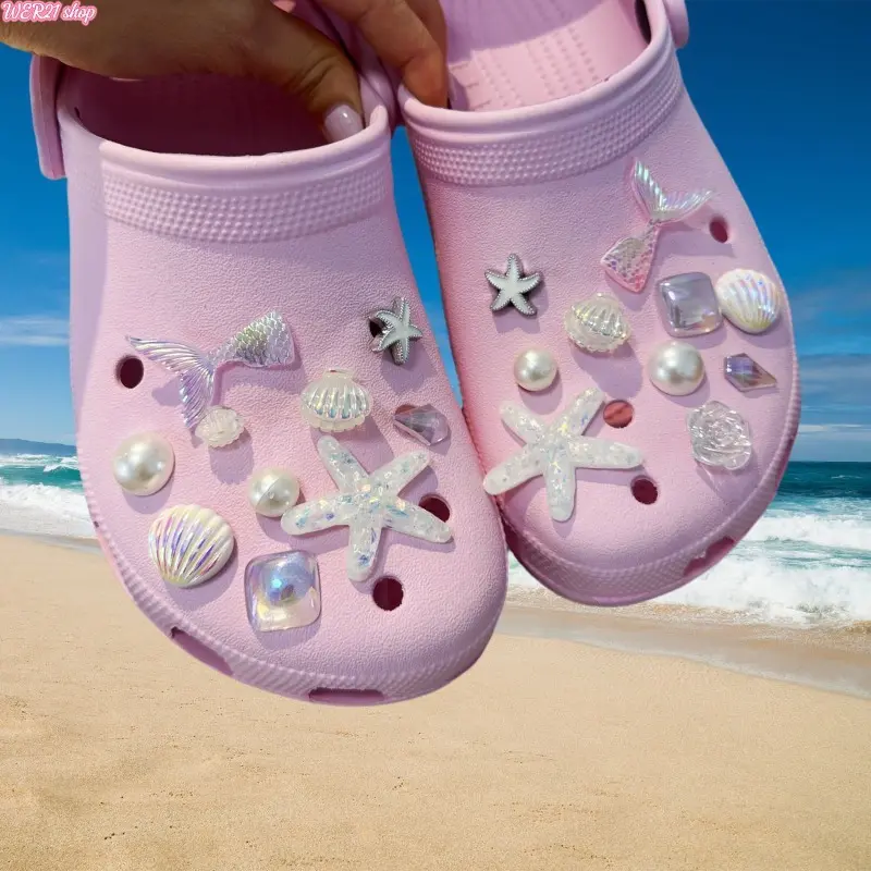 [SummerWins]Ocean Themed Croc Charms, Cute Seashell Crab Removable Clog Decor Pins, Summer Marine DIY Shoe Accessories, Lovely Ornaments to Personalize Beach Casual Sandals