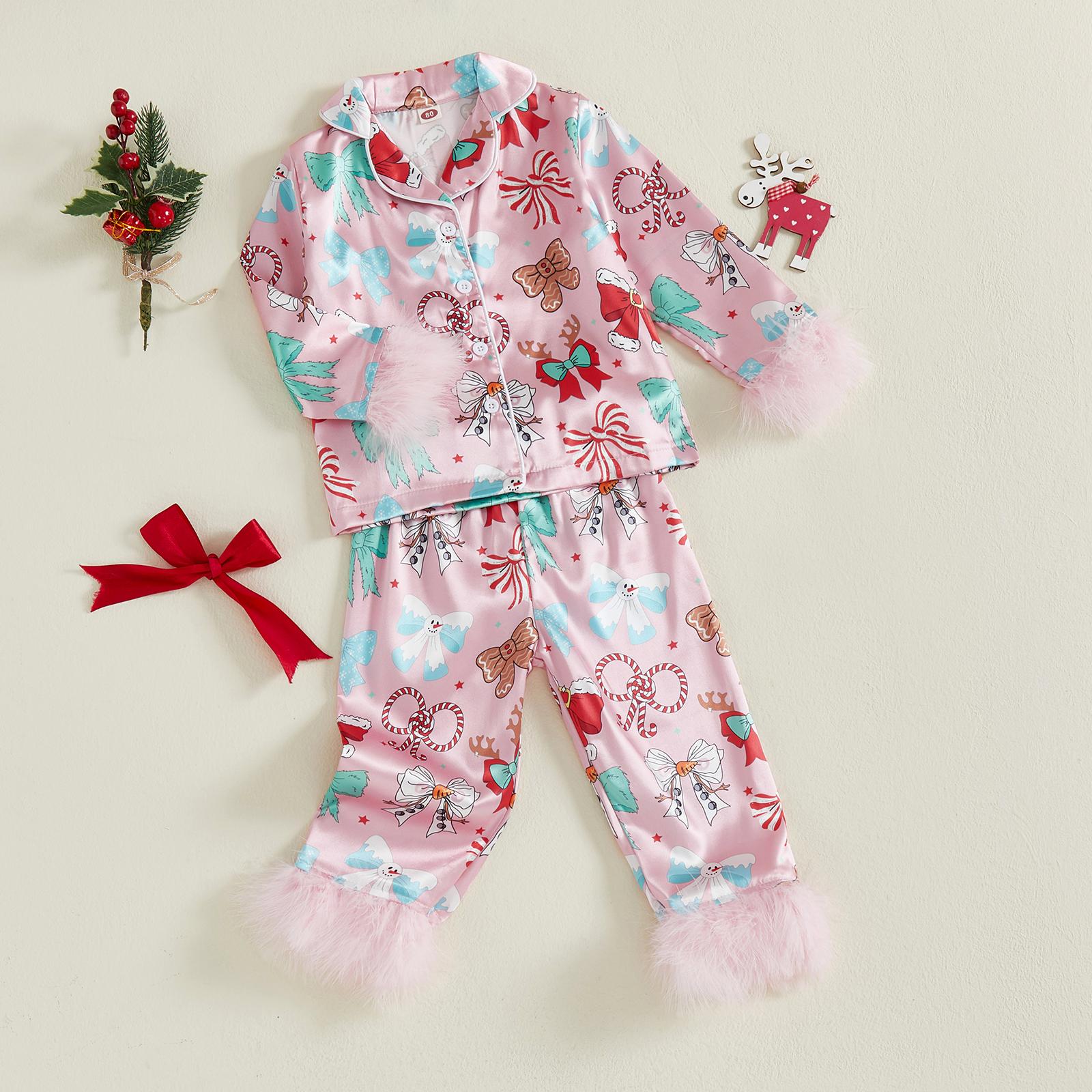 Toddler Baby Girl Christmas Satin Pajamas Fuzzy Trim Long Sleeve Santa/Bow Print Button Shirt Pants Kids Pjs Set