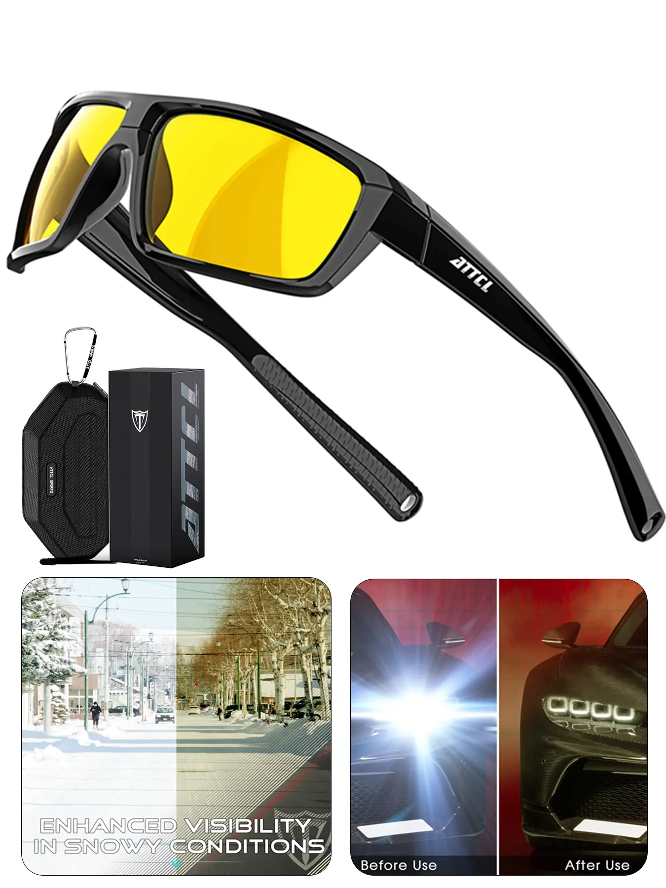 ATTCL Ultra-Light Aluminum-Magnesium Frame Men's Night Vision Anti Glare Polarized Outdoor Sports Sunglasses, Sports Biking Sunglasses, UV400 Protection, for Night/Snow Driving, Night Running/Cycling, Hiking, Package Includes Microfiber Cloth & Case